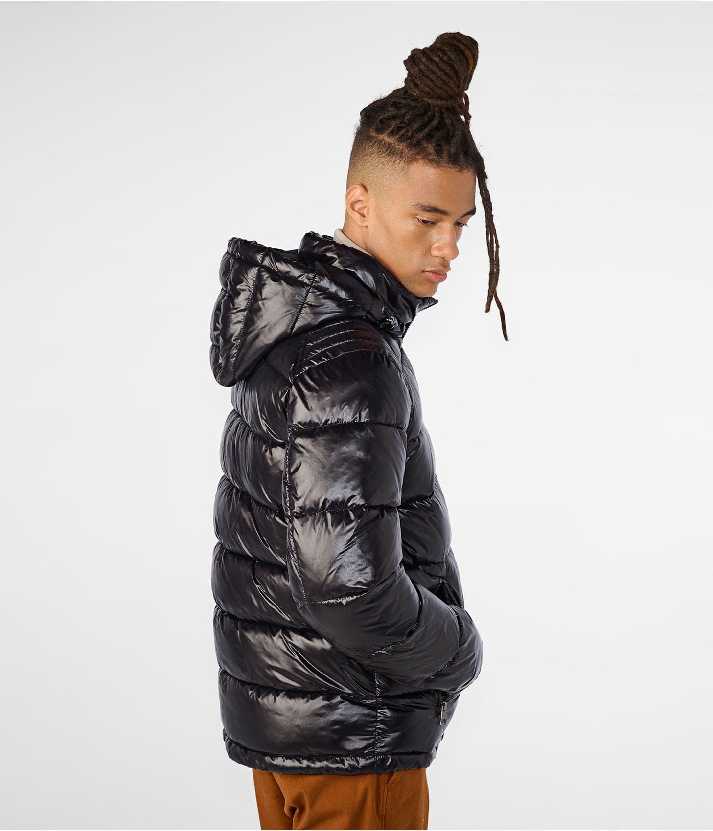 Men's Leather Puffer Jacket In Black With Removable Hood