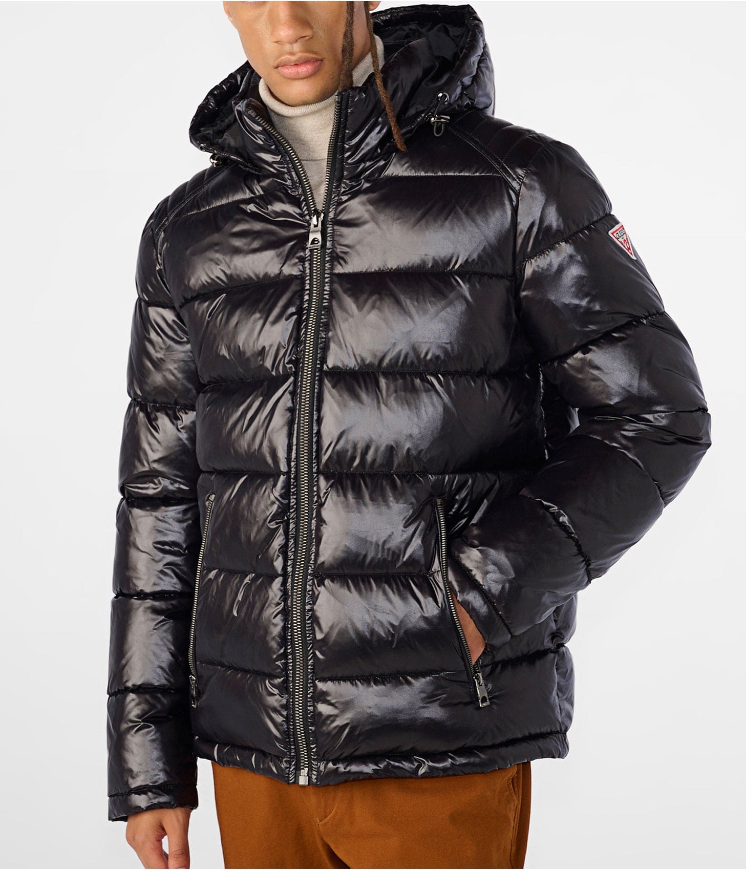 Men's Leather Puffer Jacket In Black With Removable Hood