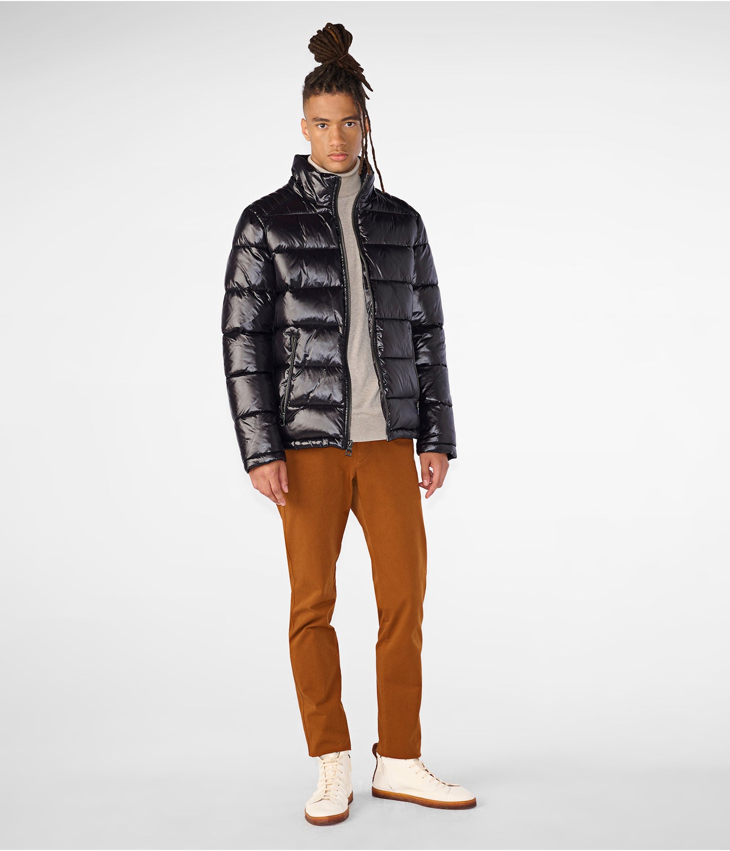 Men's Leather Puffer Jacket In Black With Removable Hood