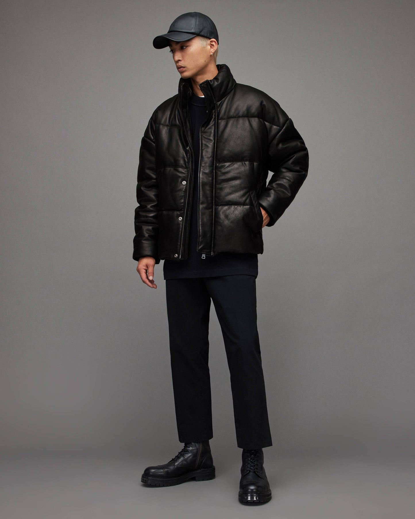 Men's Leather Puffer Jacket In Black With Turtle Neck