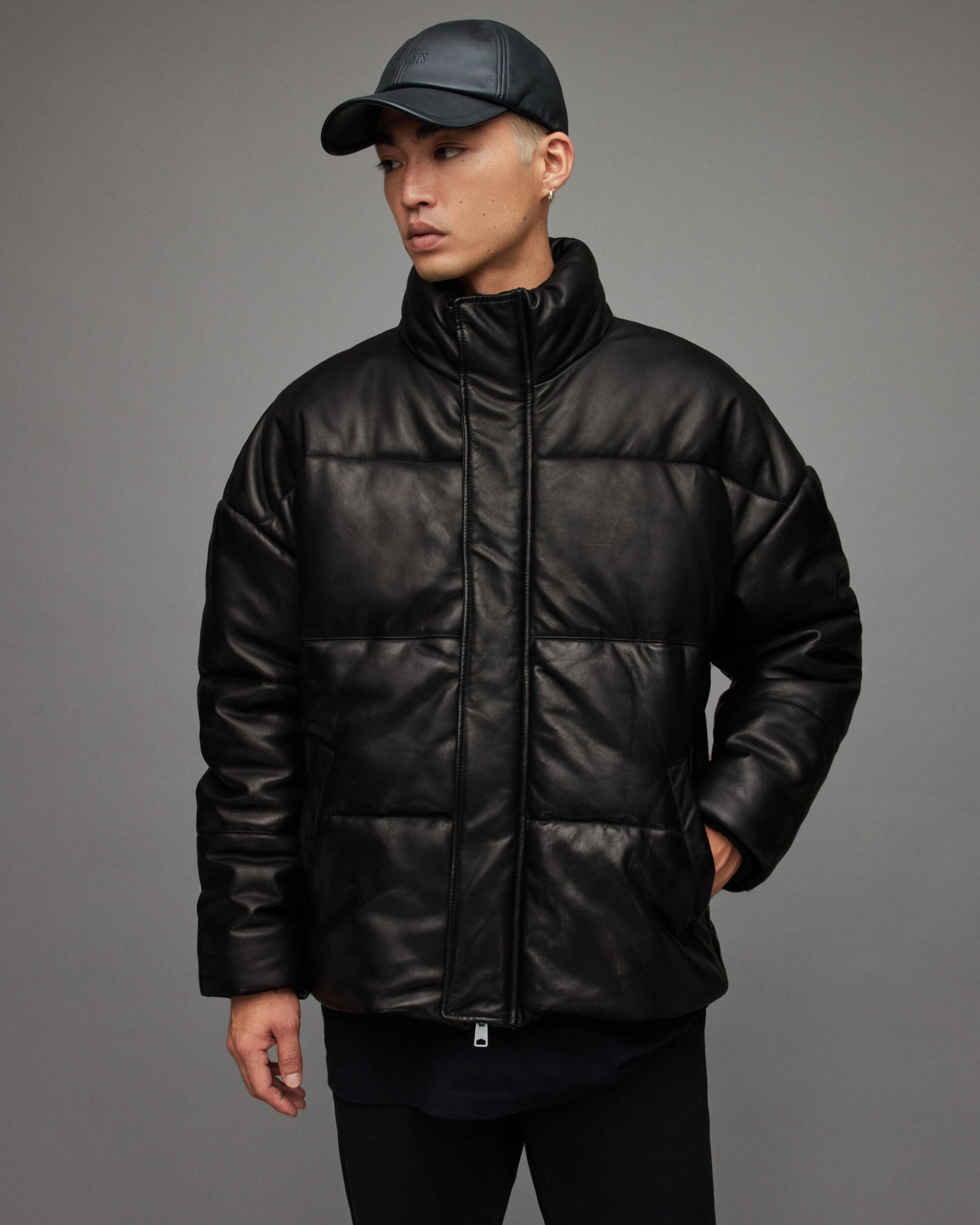 Men's Leather Puffer Jacket In Black With Turtle Neck