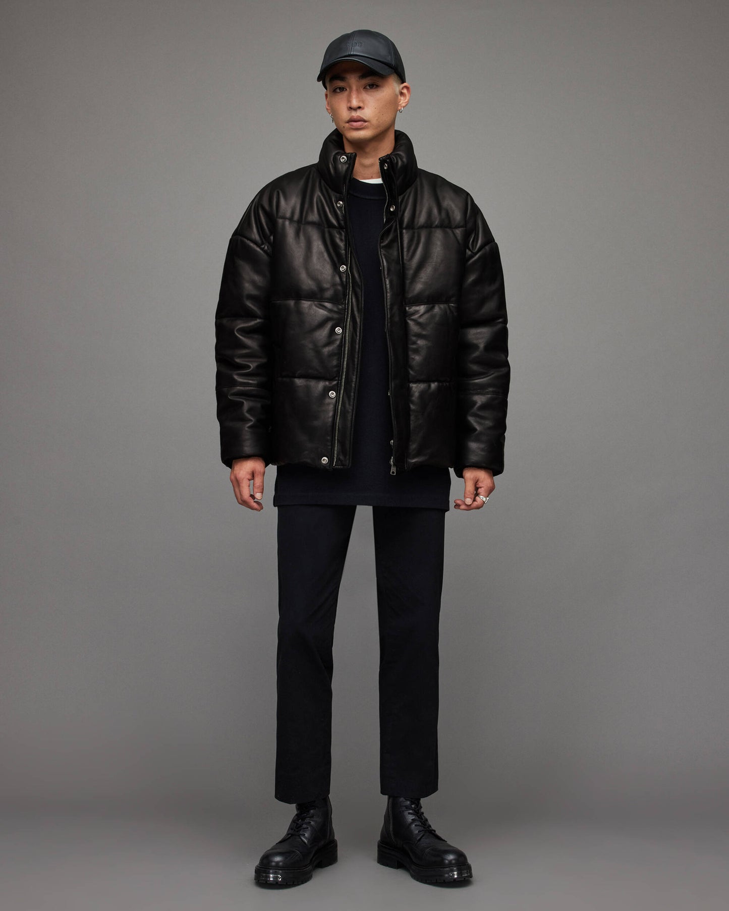 Men's Leather Puffer Jacket In Black With Turtle Neck