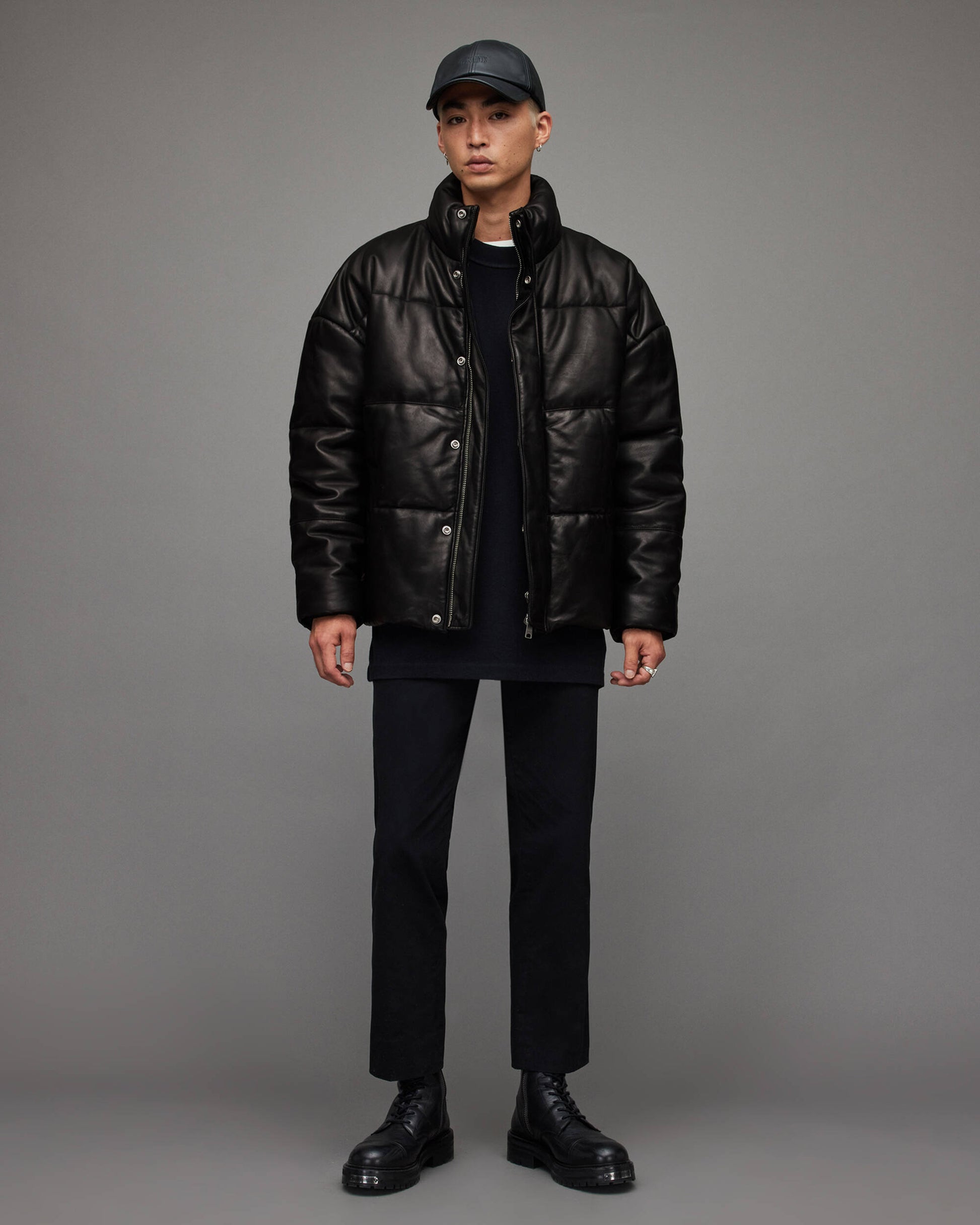 Men's Leather Puffer Jacket In Black With Turtle Neck