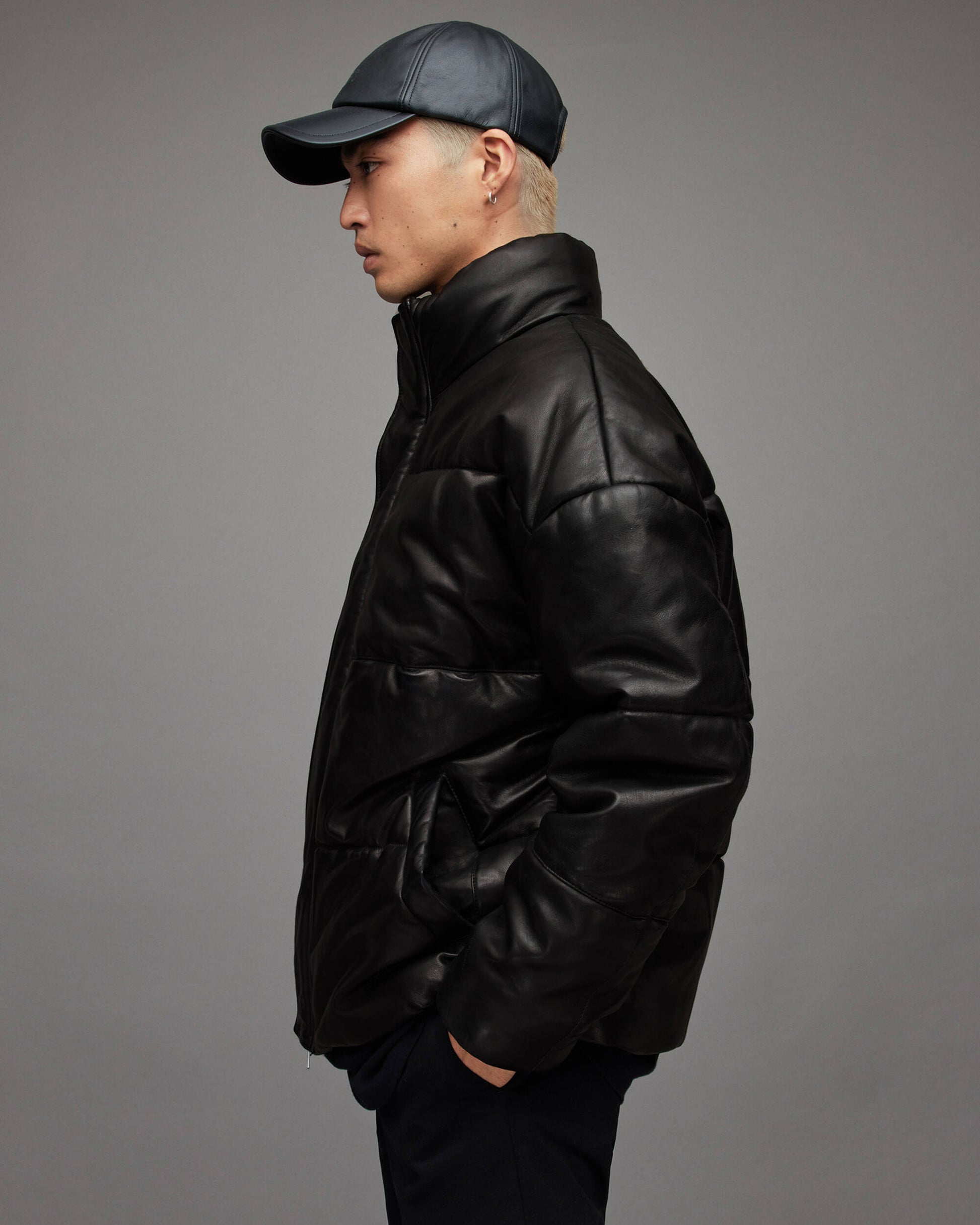 Men's Leather Puffer Jacket In Black With Turtle Neck