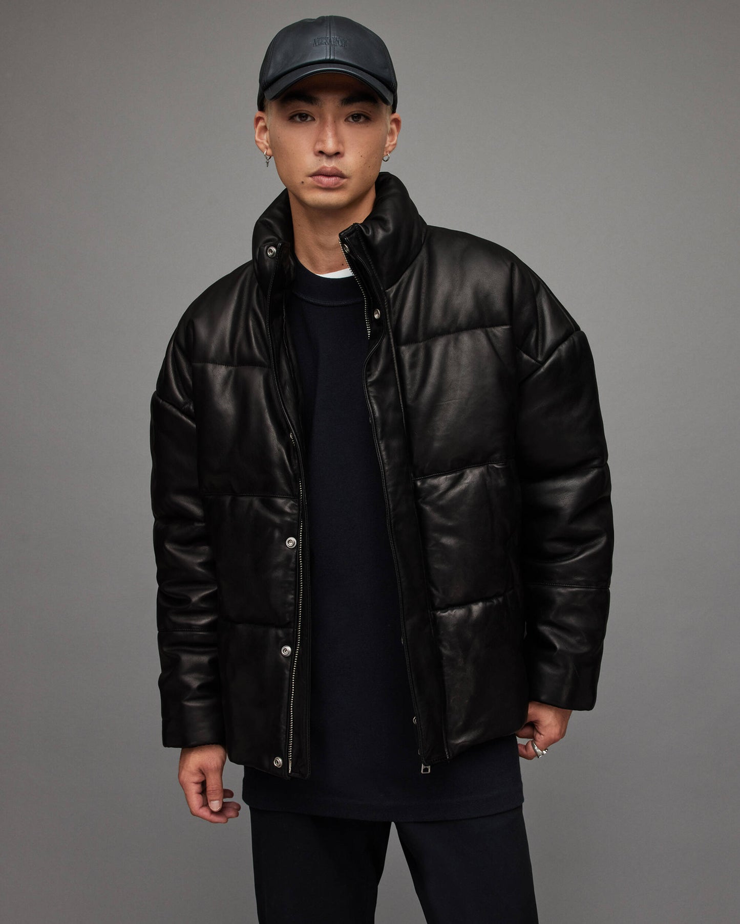 Men's Leather Puffer Jacket In Black With Turtle Neck