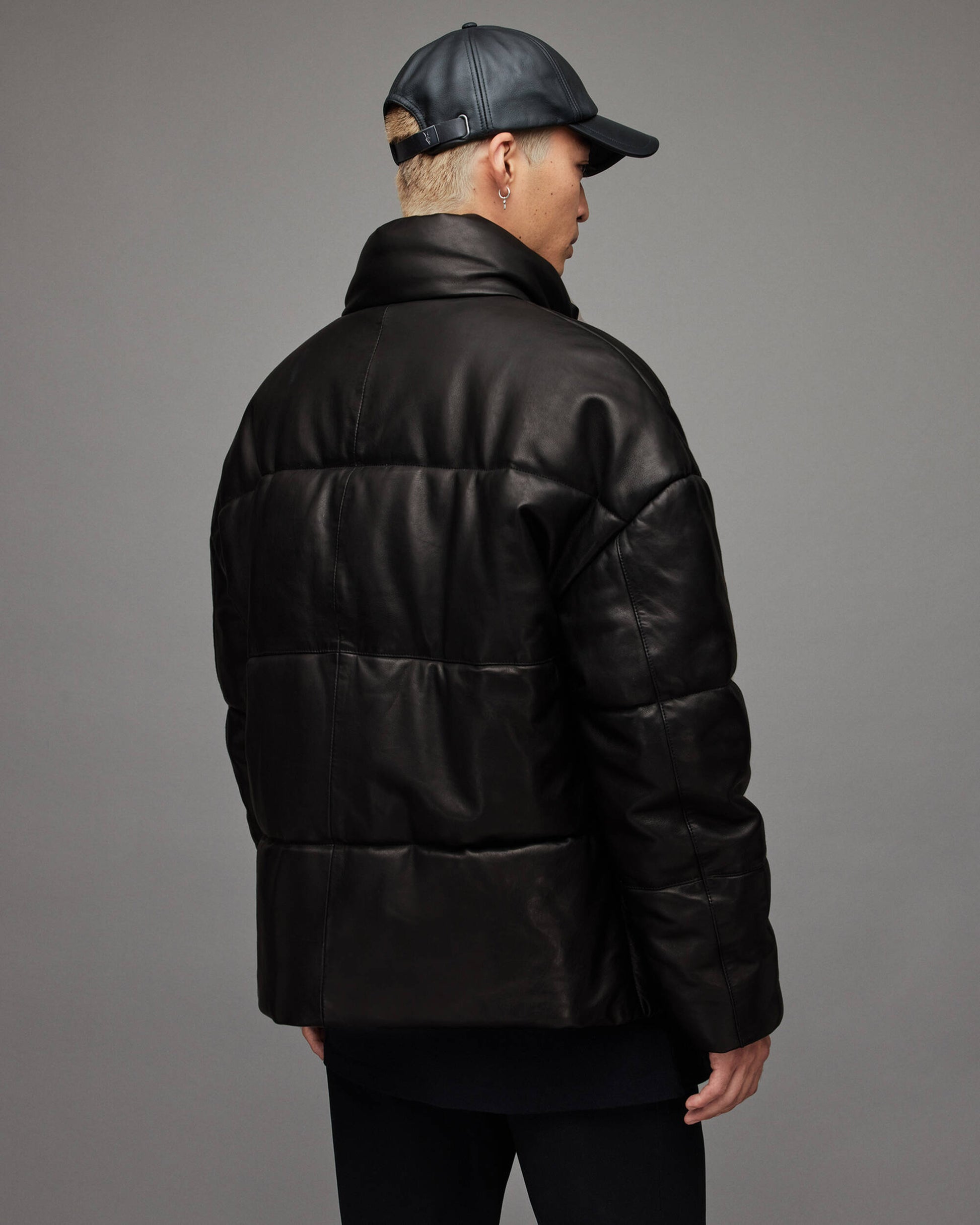 Men's Leather Puffer Jacket In Black With Turtle Neck