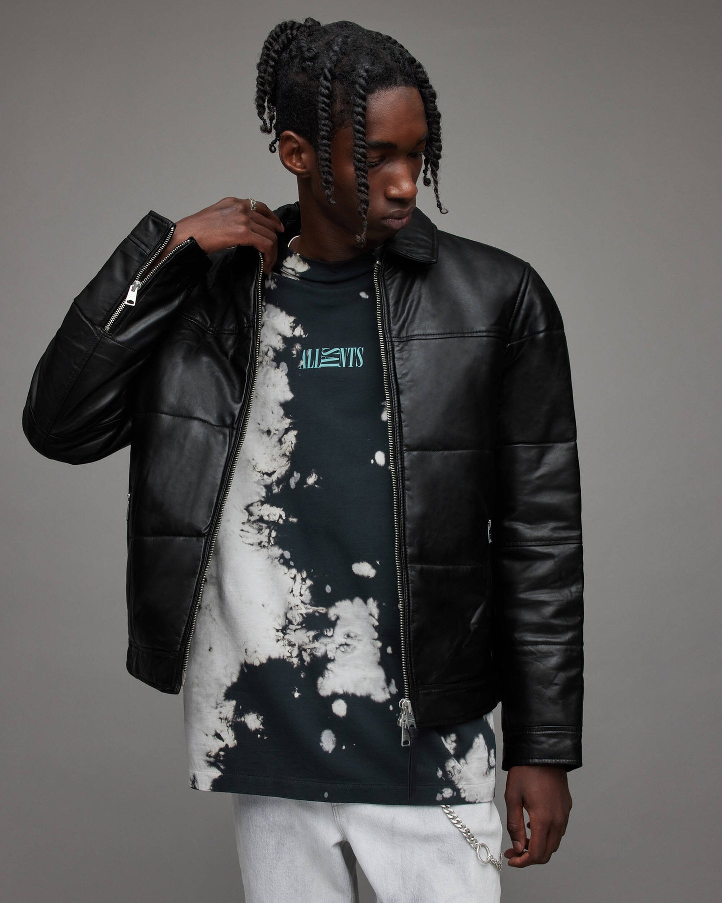 Men's Leather Puffer Jacket In Black