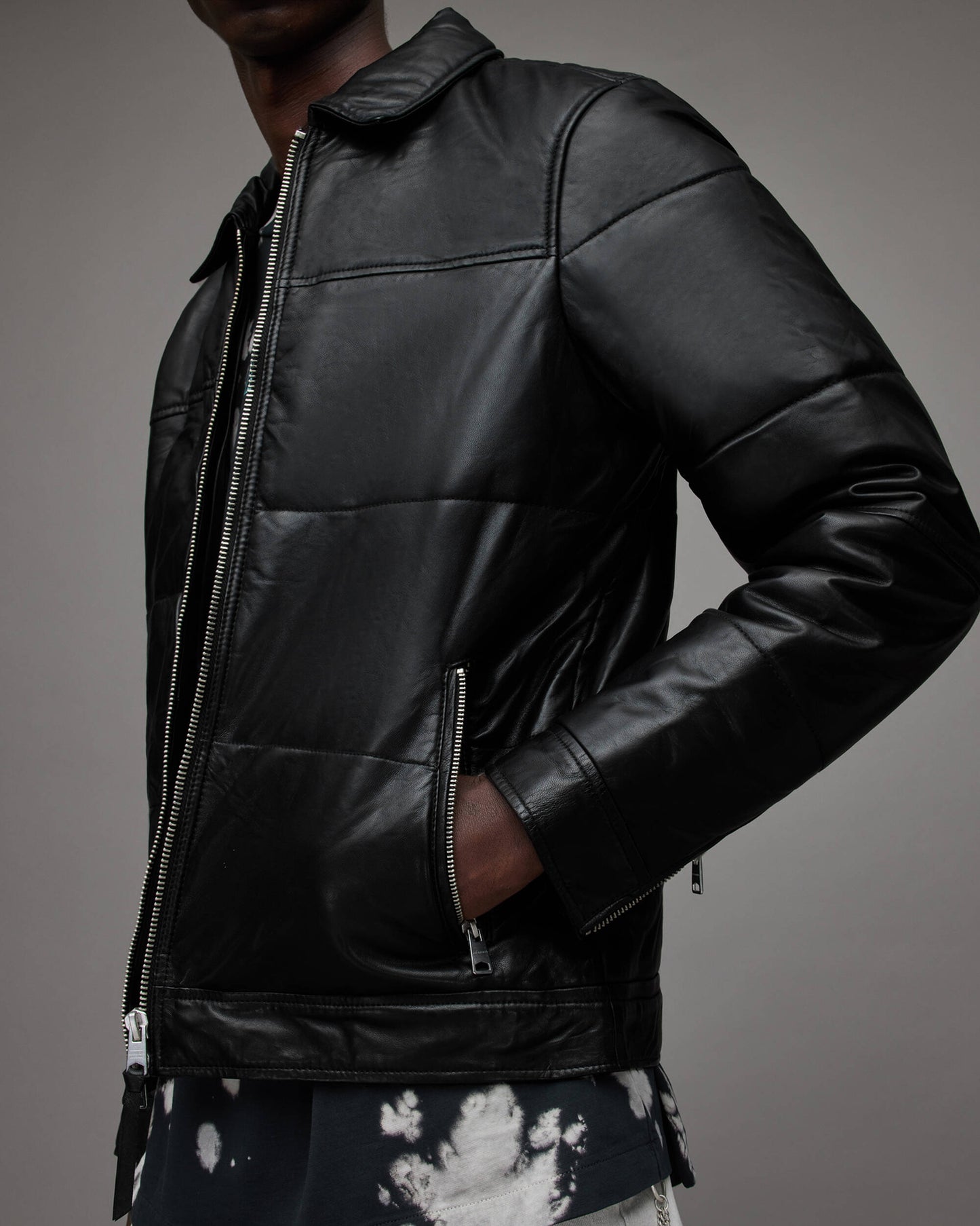 Men's Leather Puffer Jacket In Black
