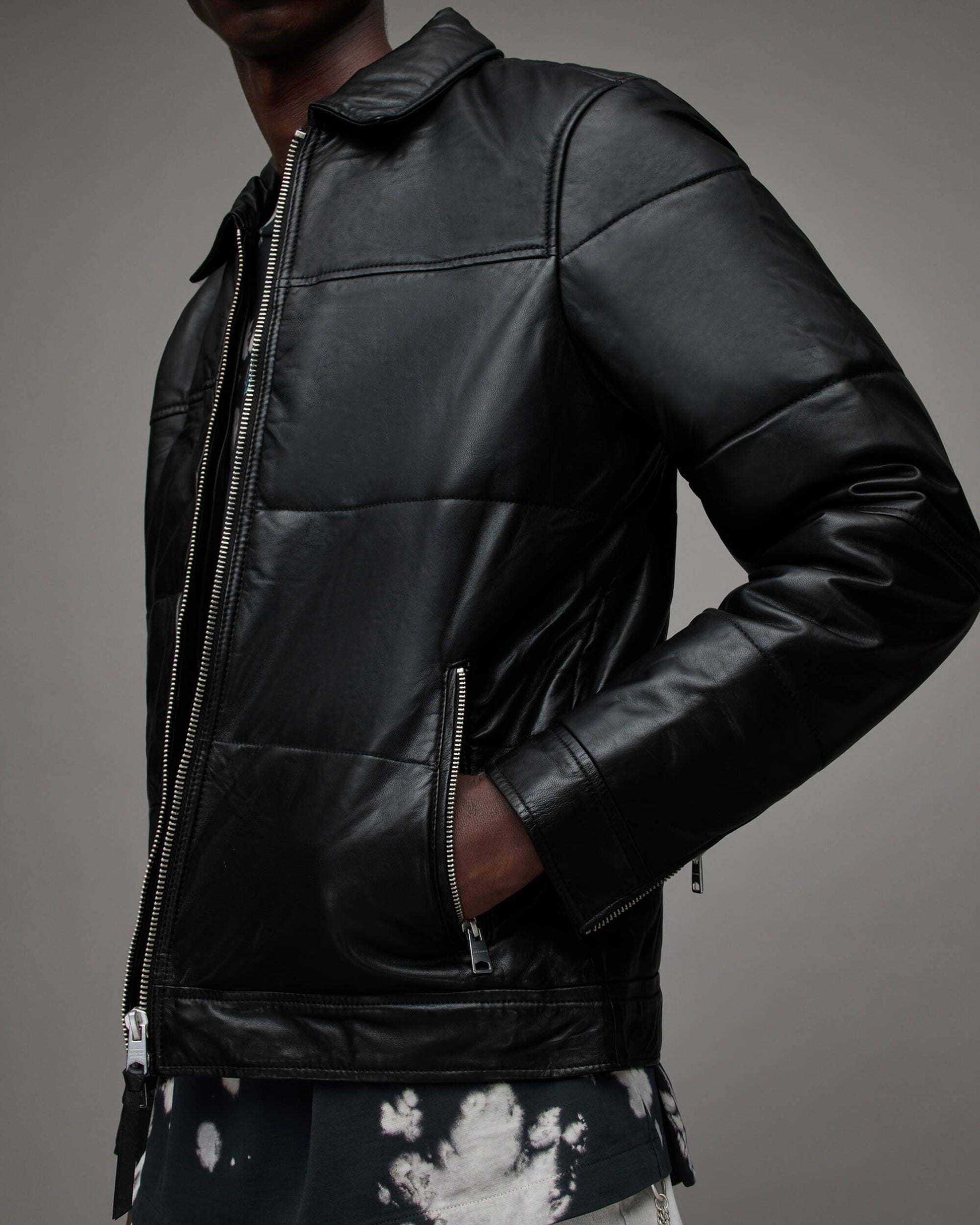 Men's Leather Puffer Jacket In Black