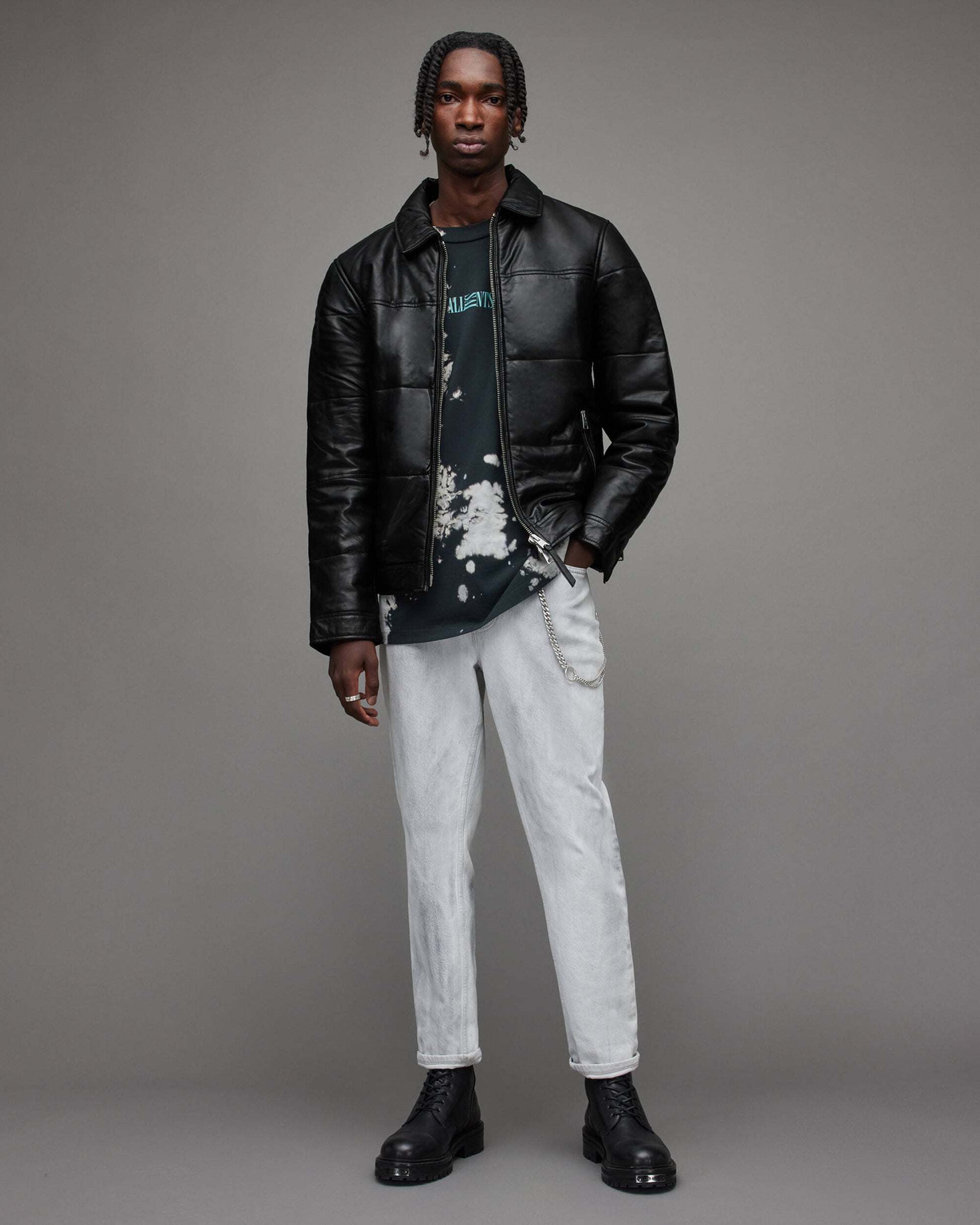 Men's Leather Puffer Jacket In Black
