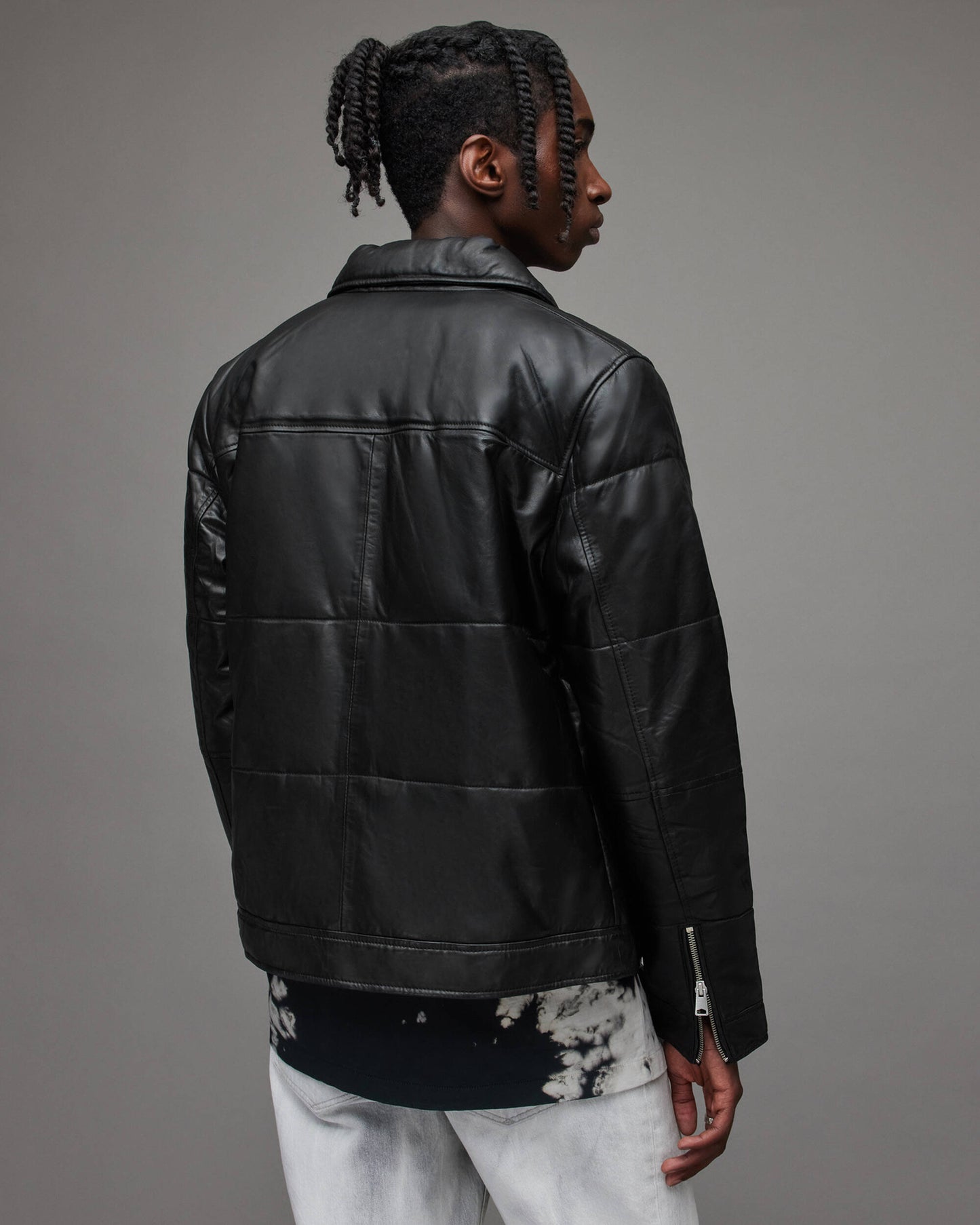 Men's Leather Puffer Jacket In Black