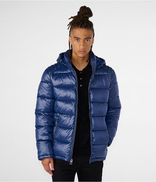 Men's Leather Puffer Jacket In Blue With Removable Hood