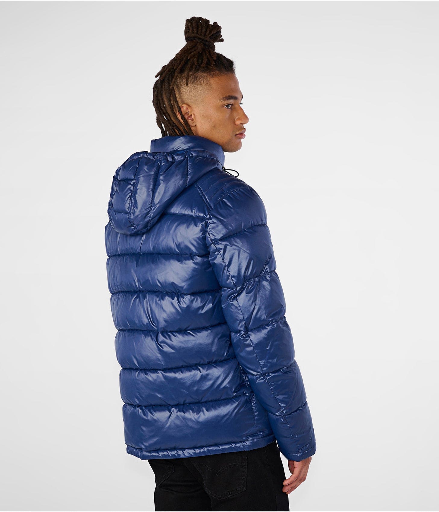 Men's Leather Puffer Jacket In Blue With Removable Hood