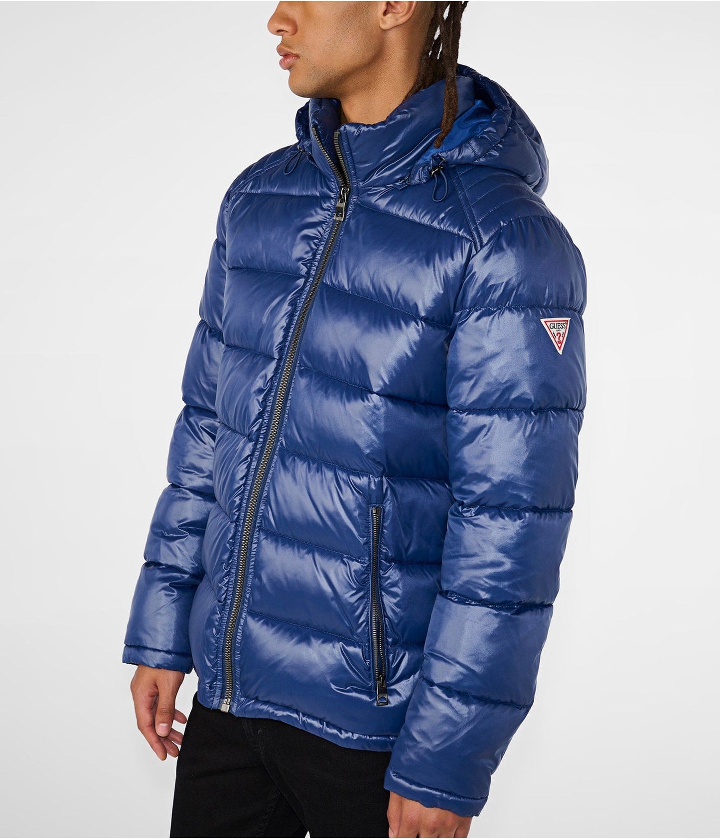 Men's Leather Puffer Jacket In Blue With Removable Hood