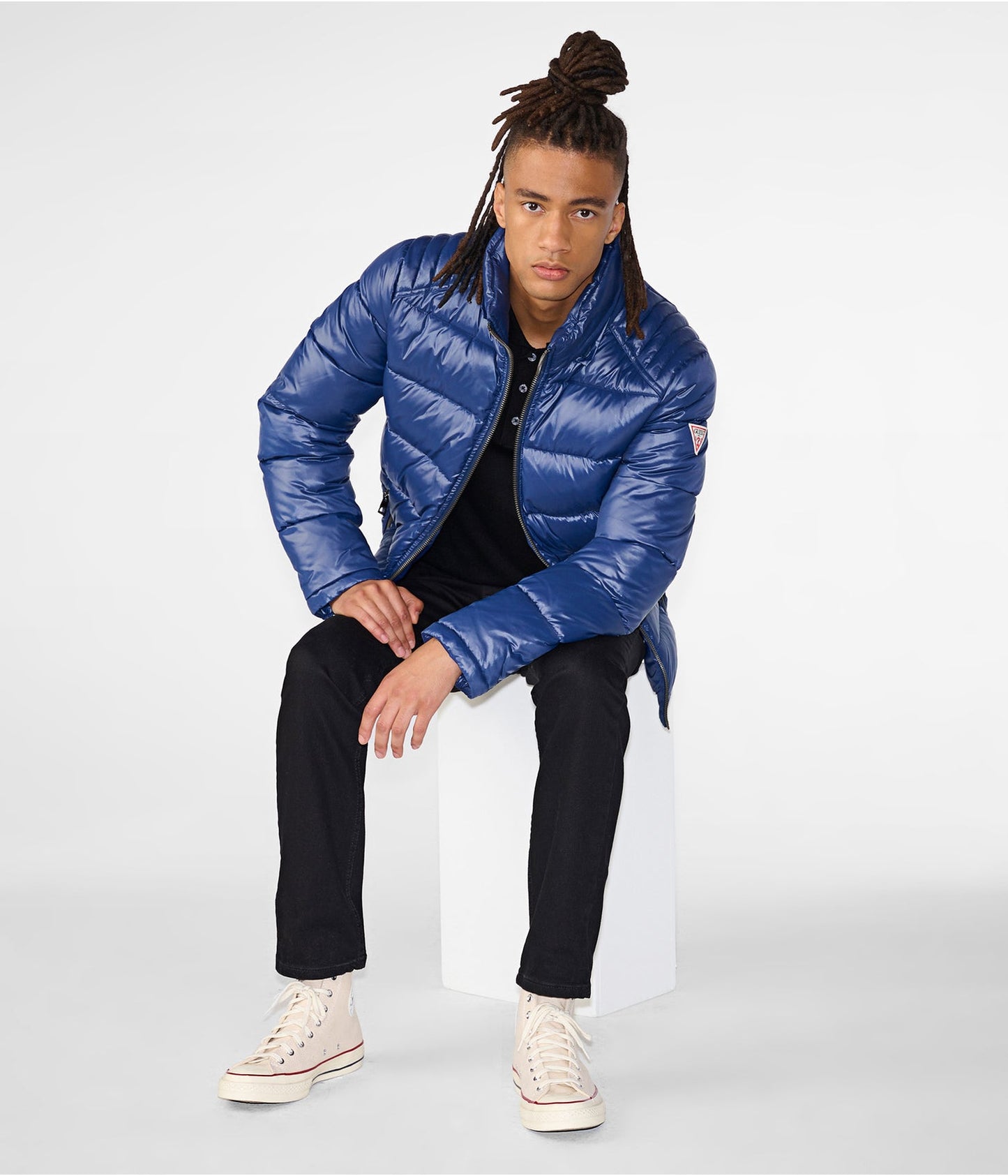 Men's Leather Puffer Jacket In Blue With Removable Hood