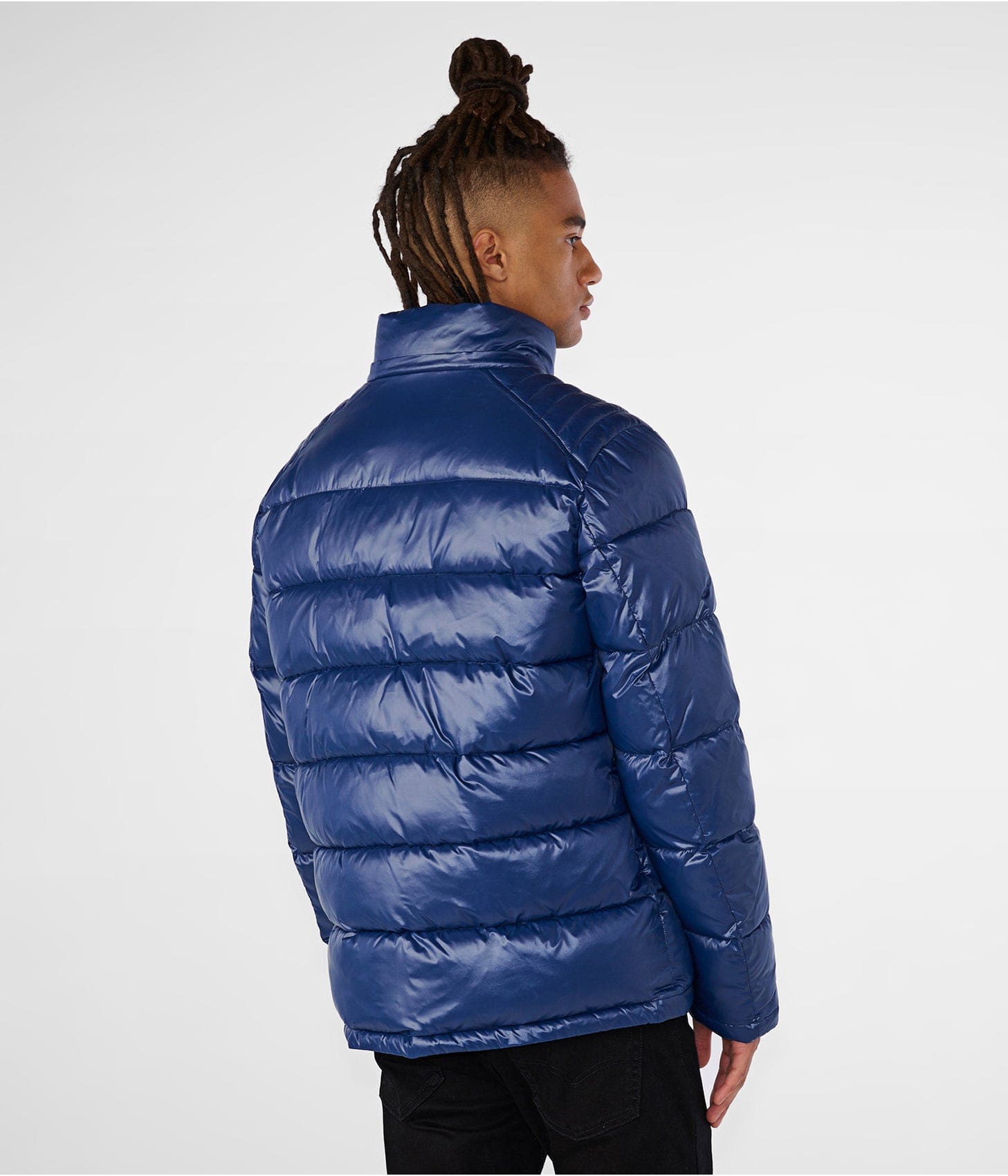Men's Leather Puffer Jacket In Blue With Removable Hood