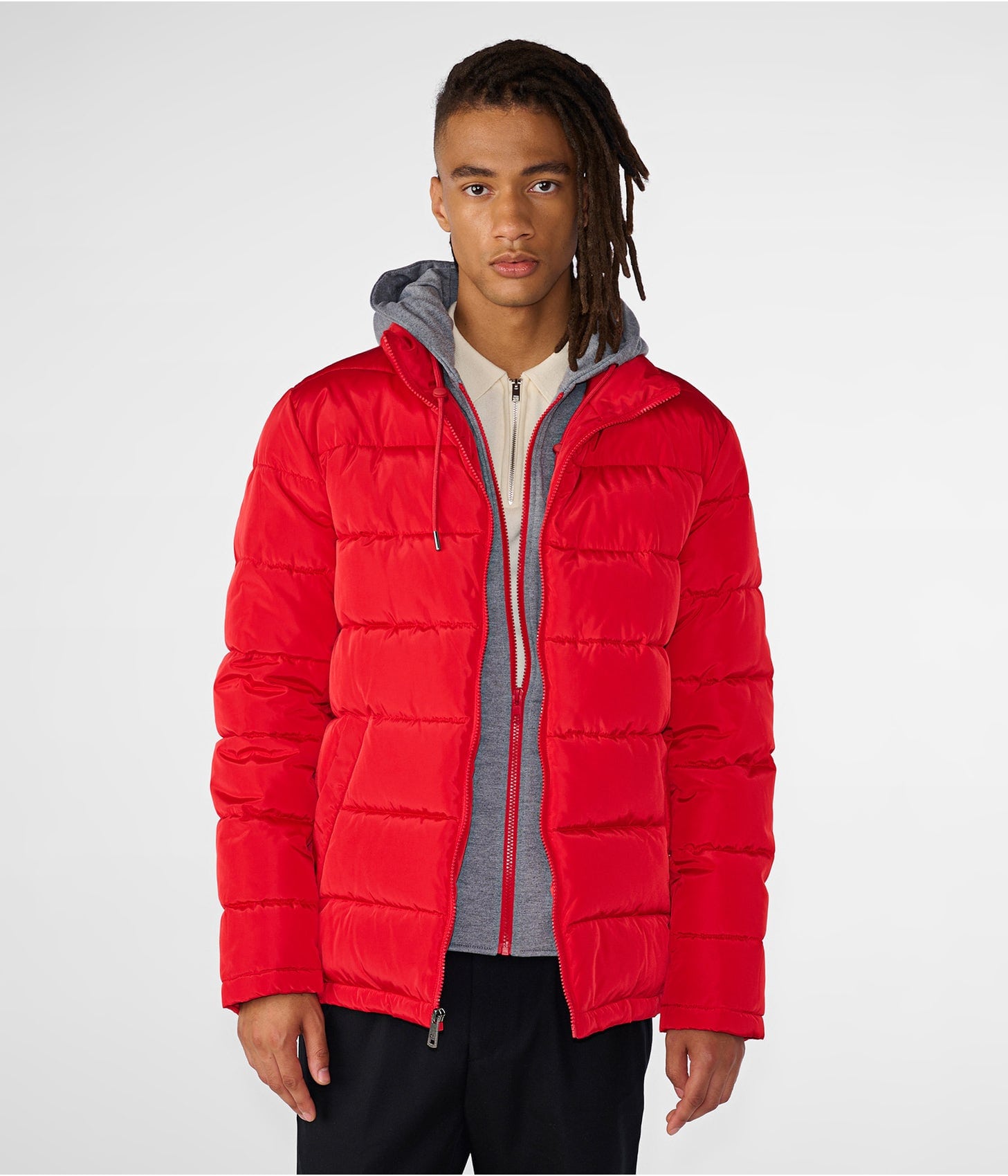 Men's Leather Puffer Jacket In Red With Removable Hood