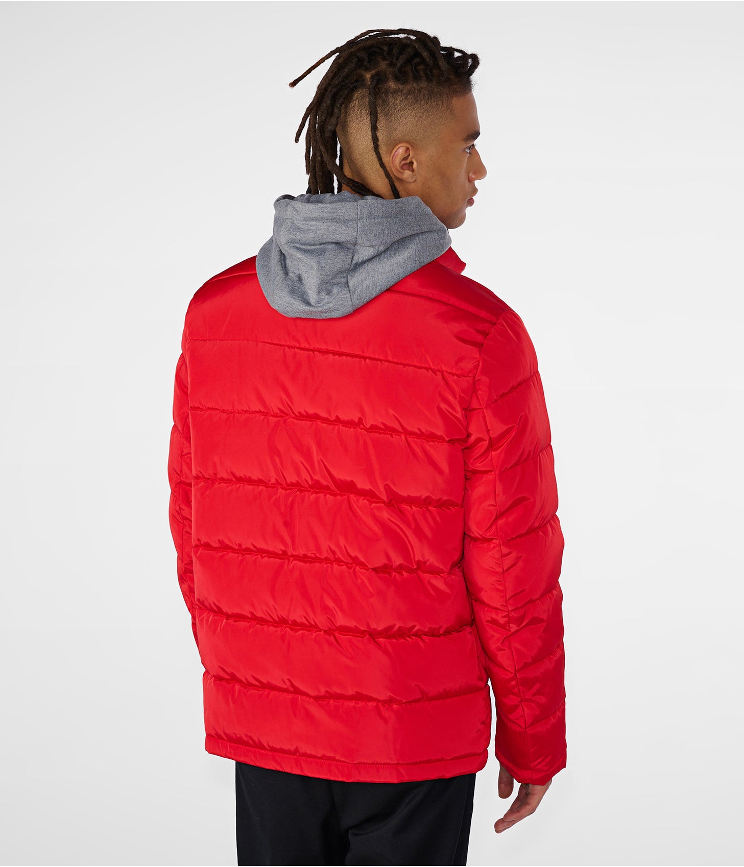 Men's Leather Puffer Jacket In Red With Removable Hood