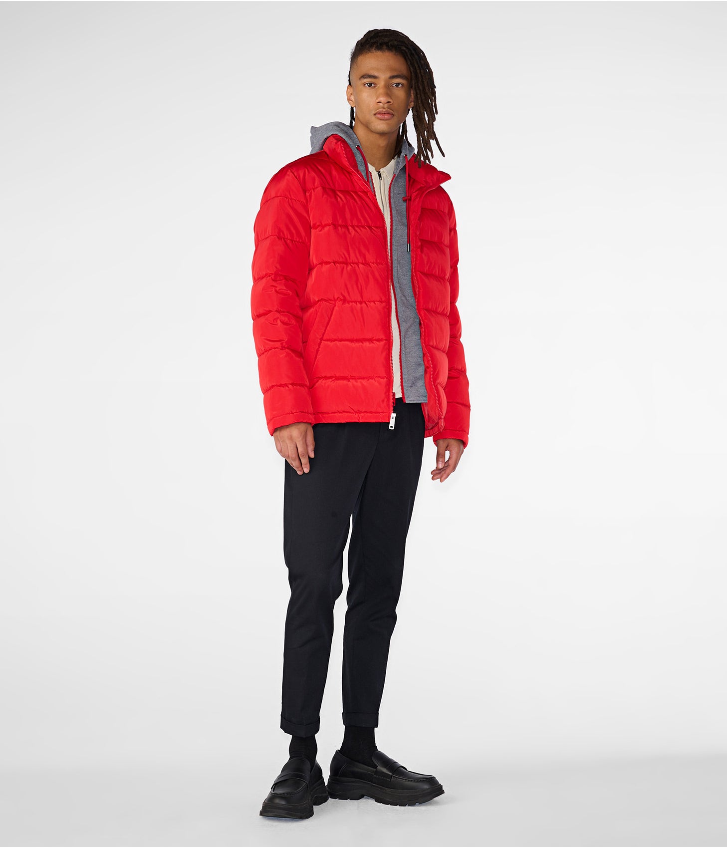 Men's Leather Puffer Jacket In Red With Removable Hood