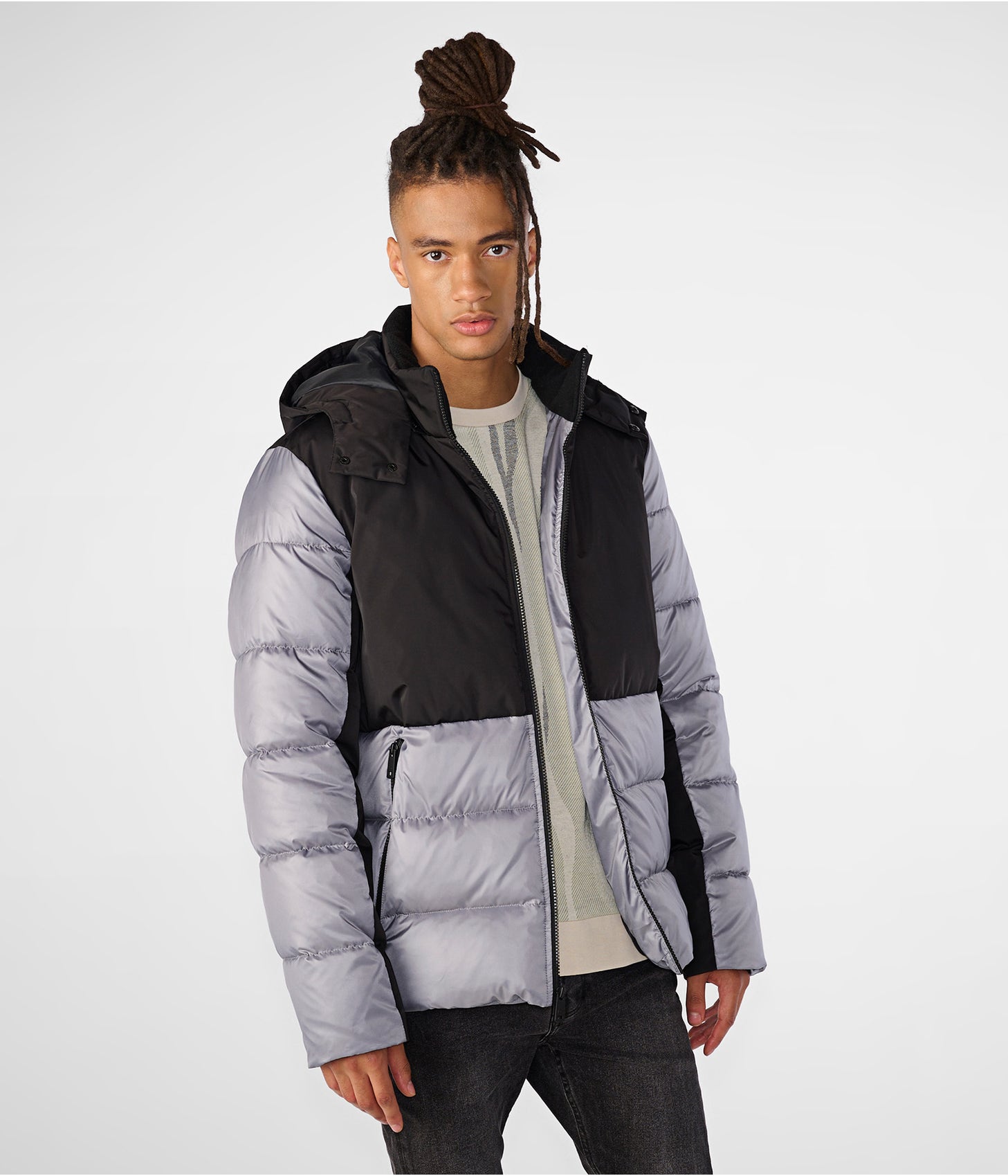 Men's Leather Puffer Jacket With Removable Hood