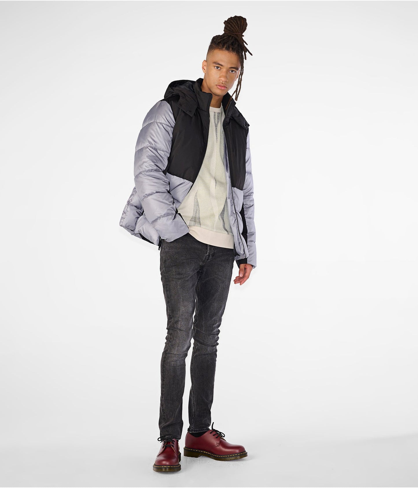 Men's Leather Puffer Jacket With Removable Hood