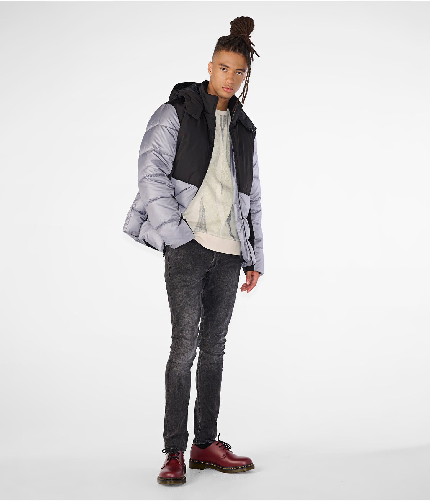 Men's Leather Puffer Jacket With Removable Hood