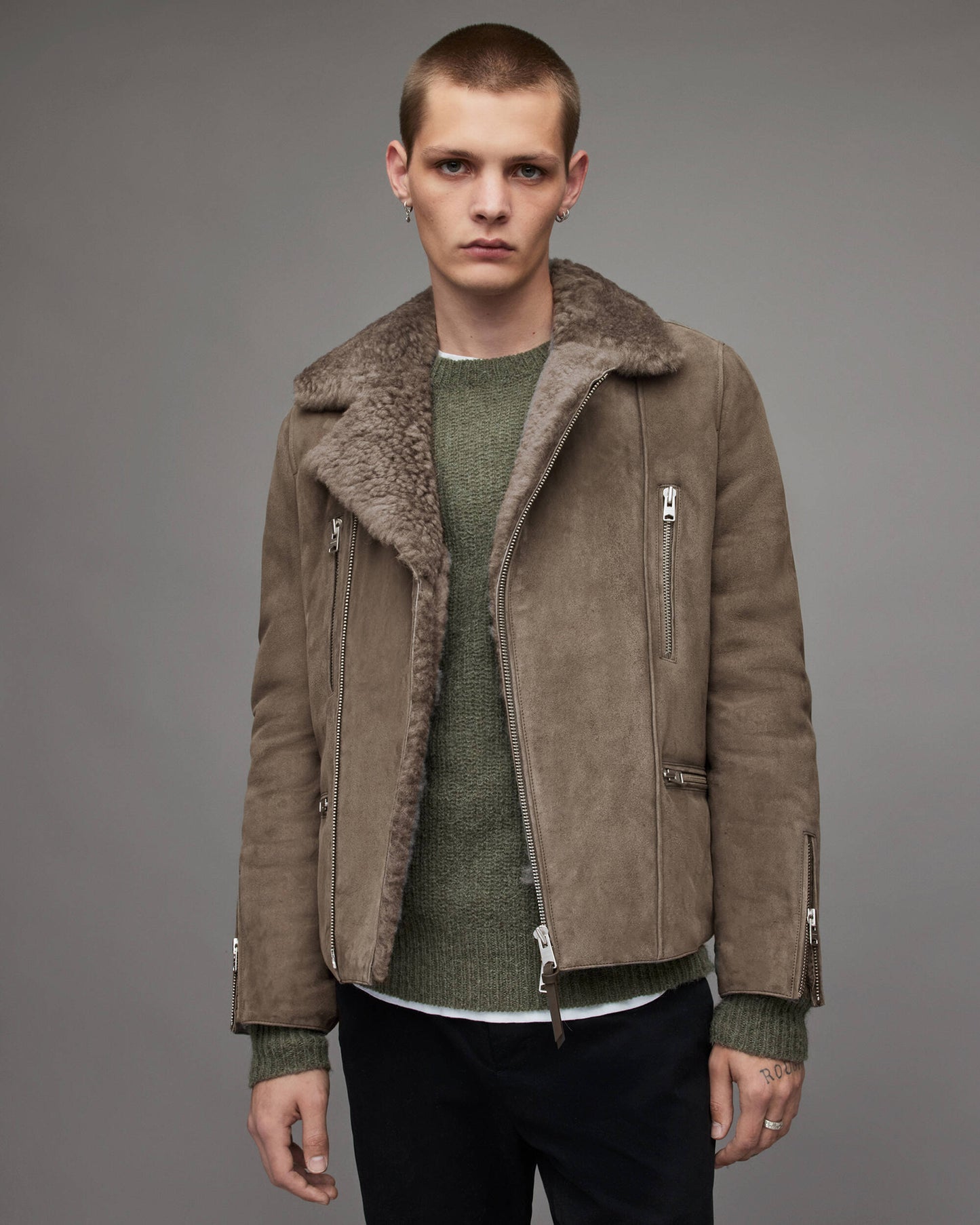 Men's Leather Shearling Biker Jacket In Beige Gray