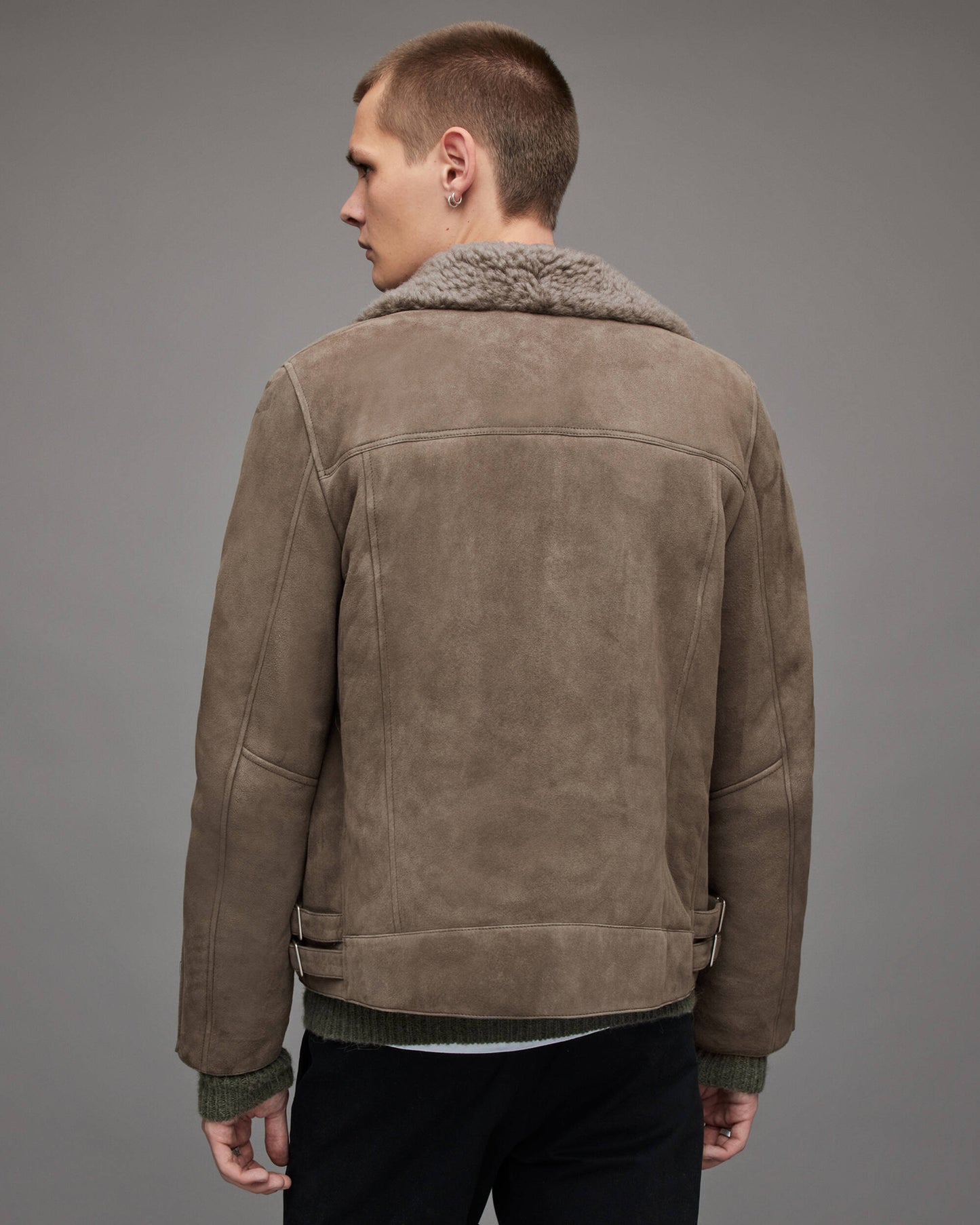 Men's Leather Shearling Biker Jacket In Beige Gray
