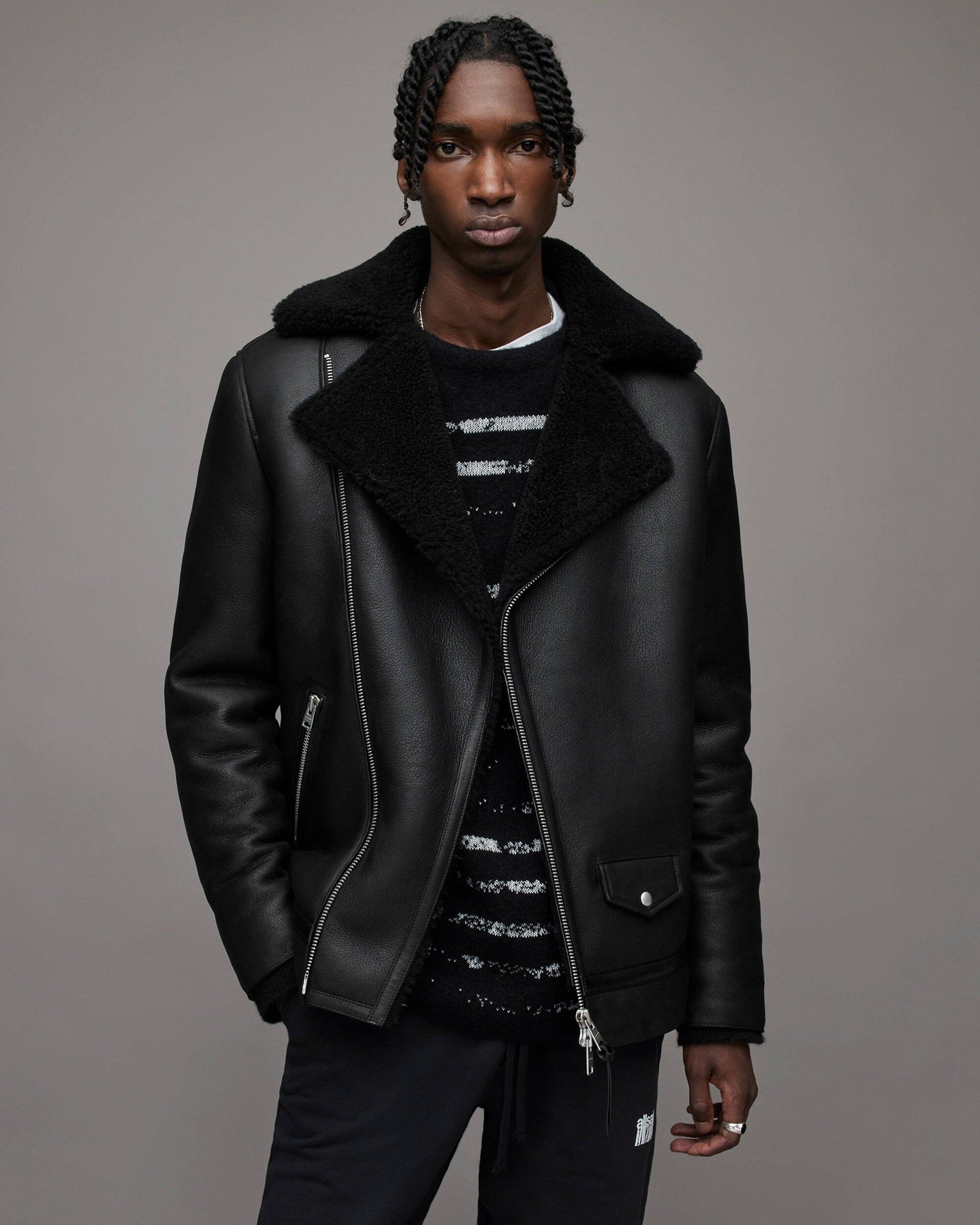Men's Leather Shearling Biker Jacket In Back