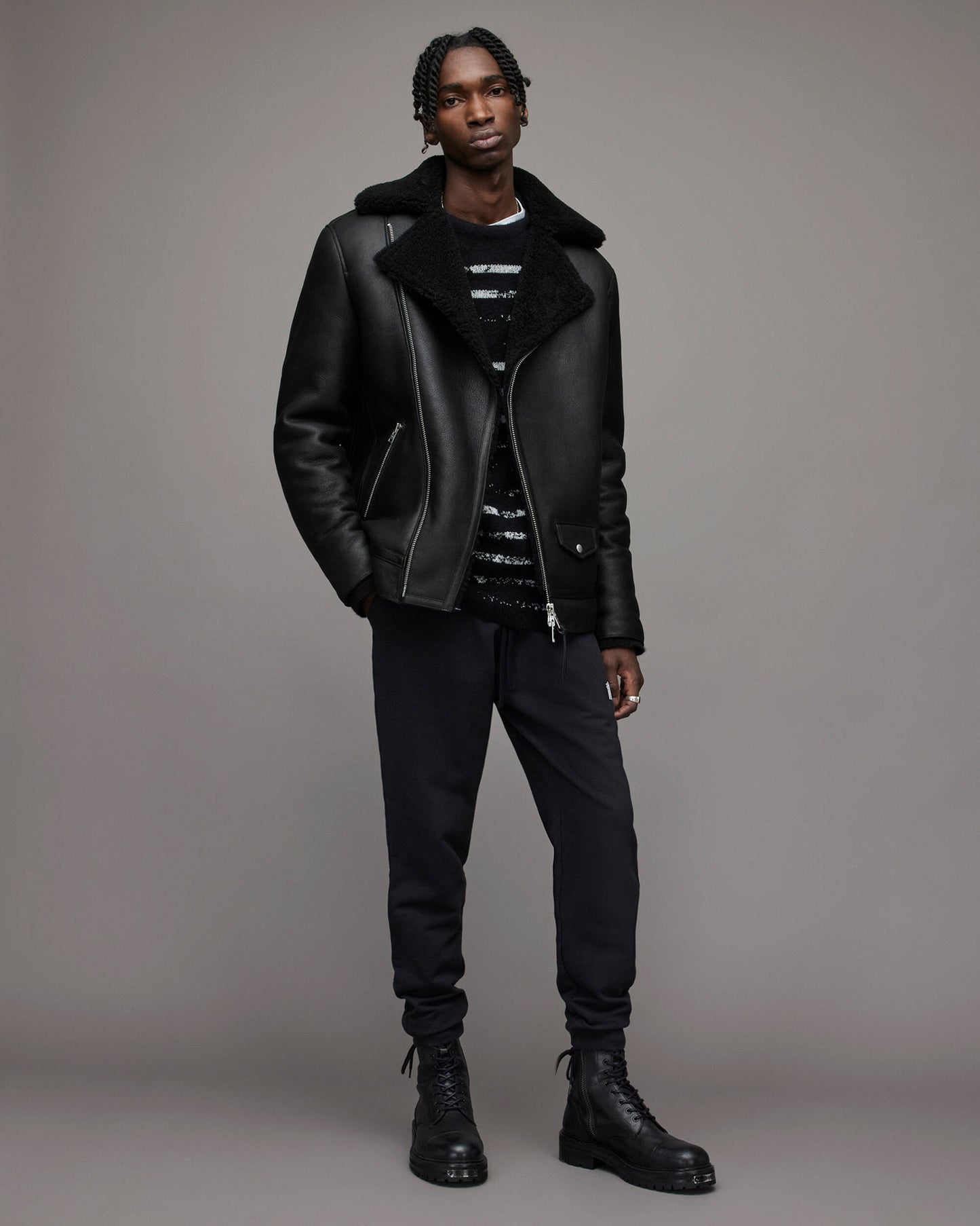 Men's Leather Shearling Biker Jacket In Back