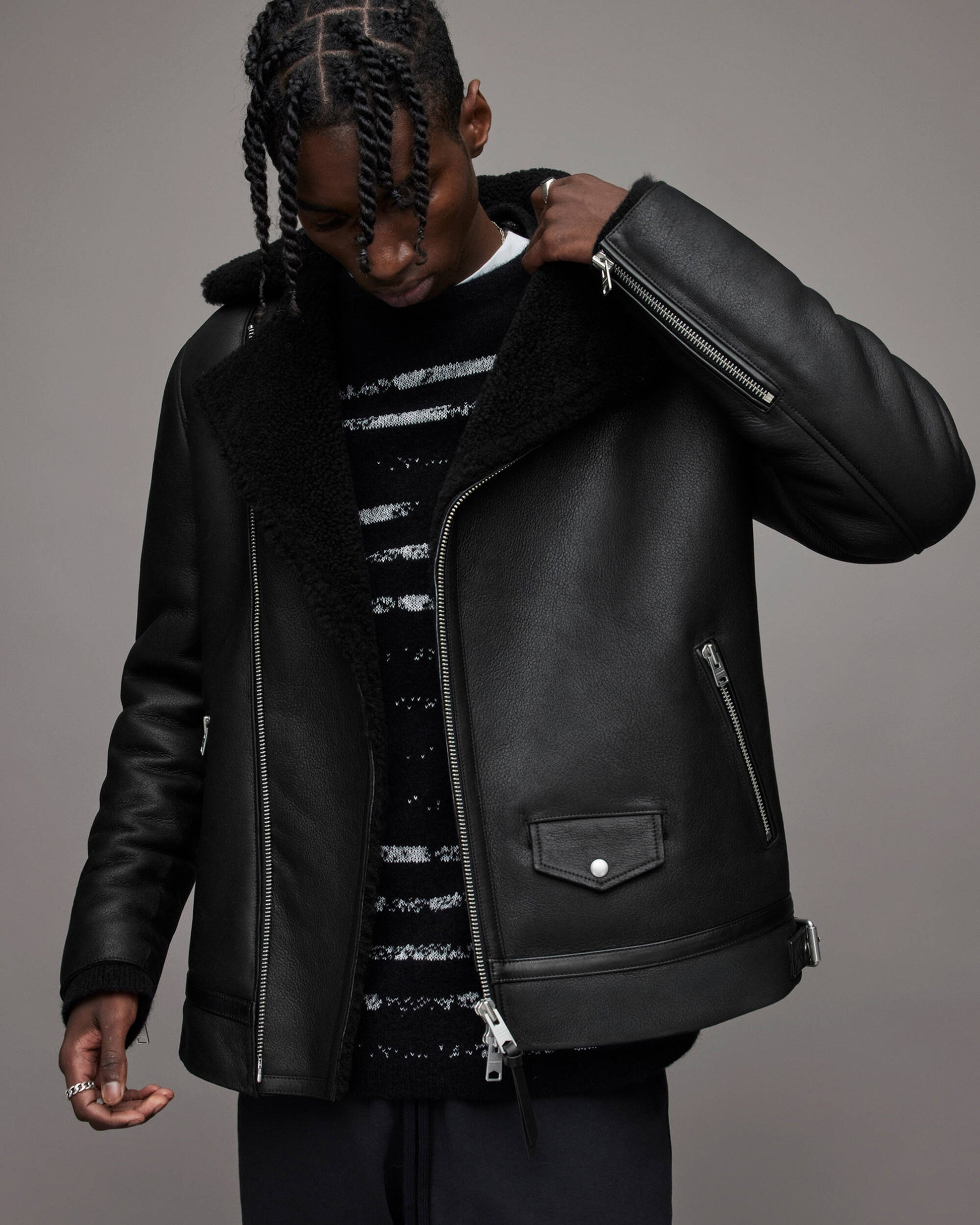 Men's Leather Shearling Biker Jacket In Back