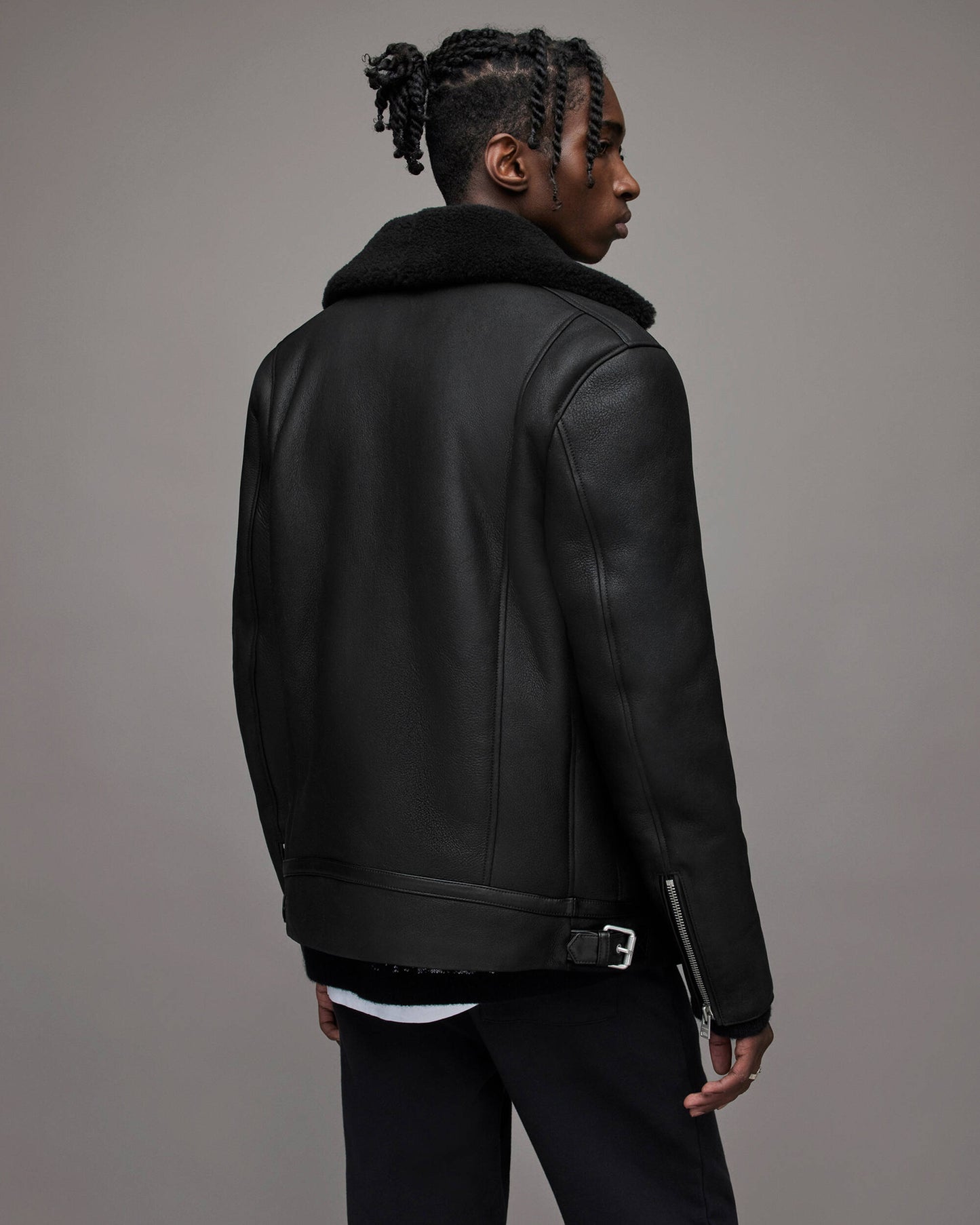 Men's Leather Shearling Biker Jacket In Back