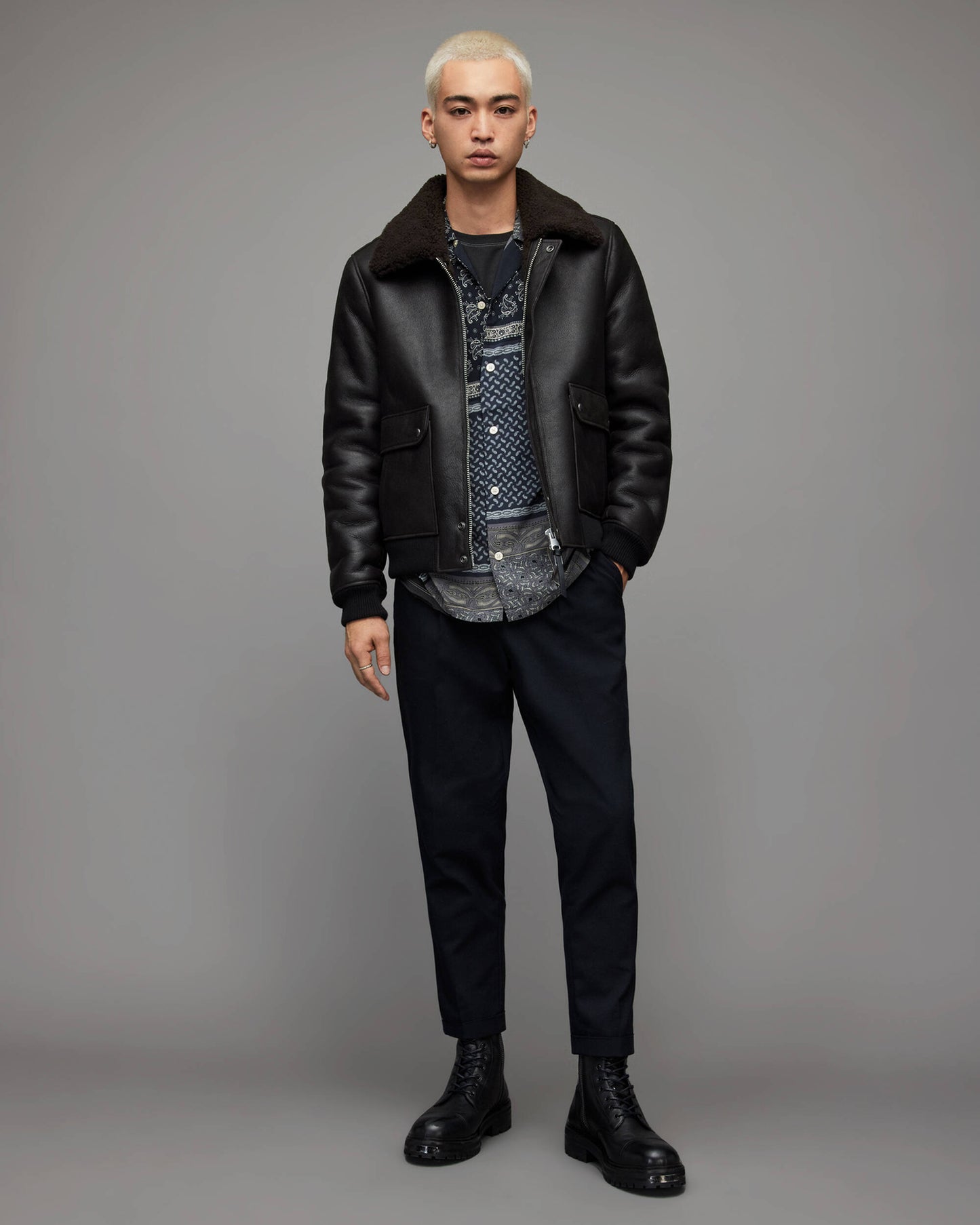 Men's Leather Shearling Bomber Jacket In Black