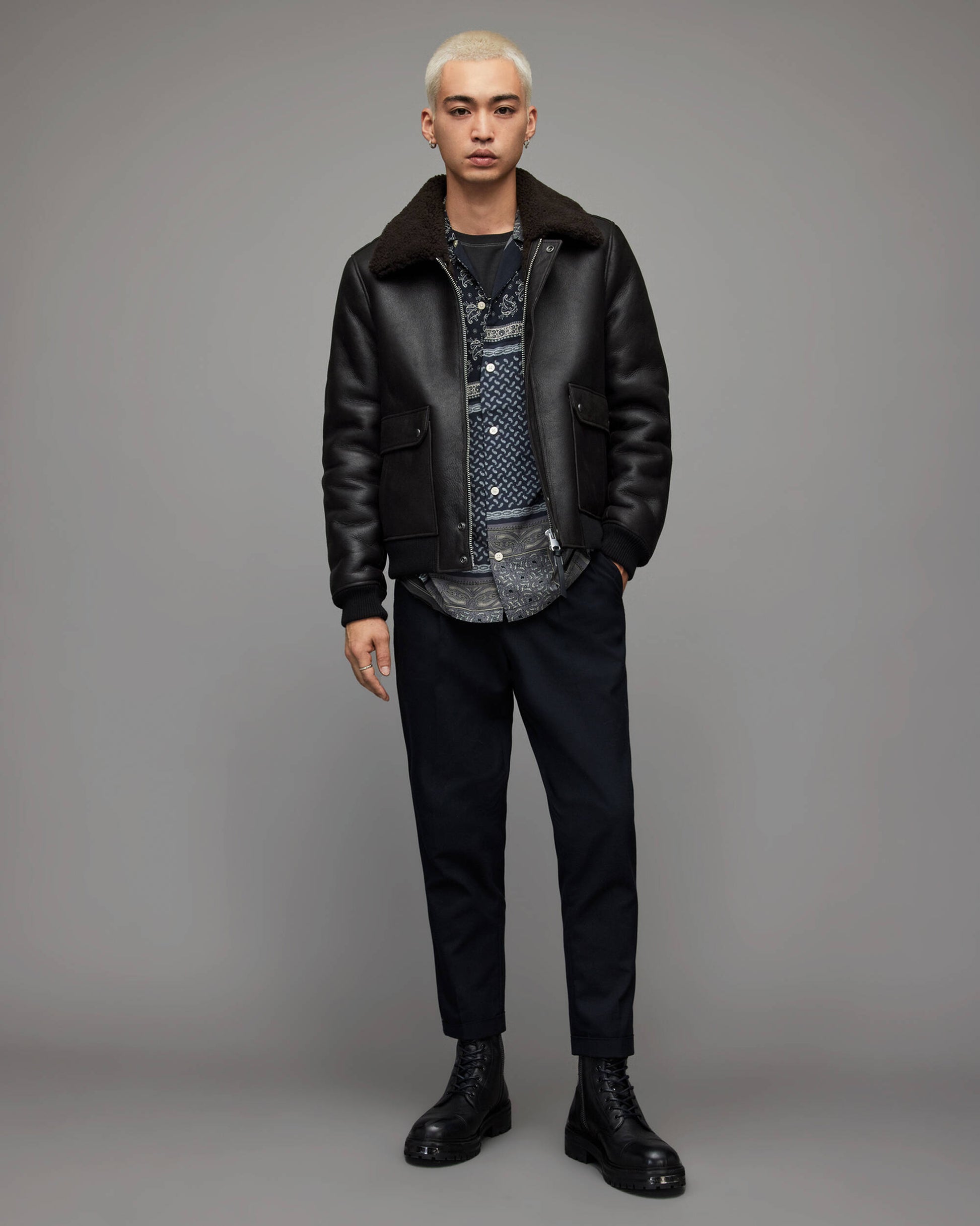 Men's Leather Shearling Bomber Jacket In Black
