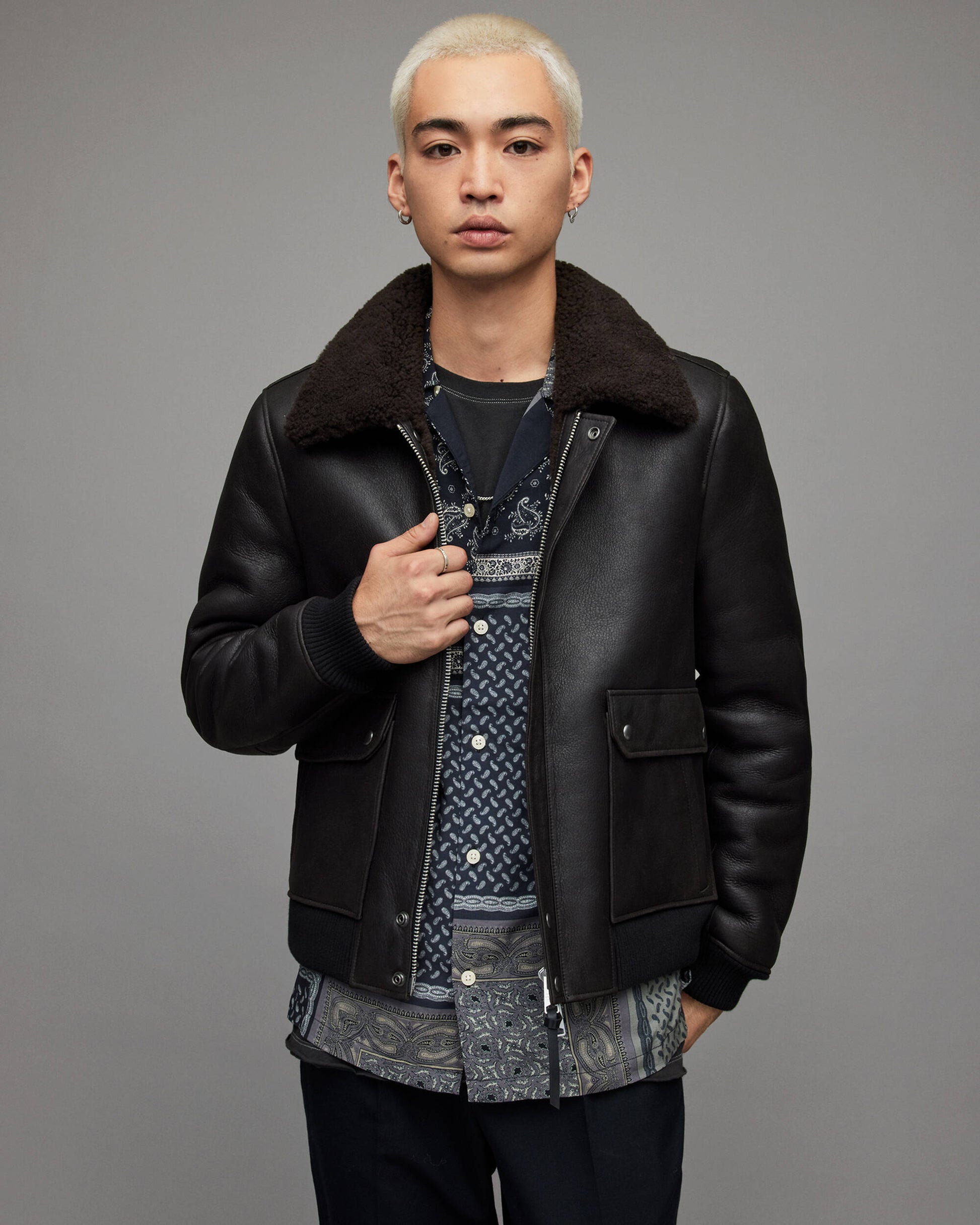 Men's Leather Shearling Bomber Jacket In Black