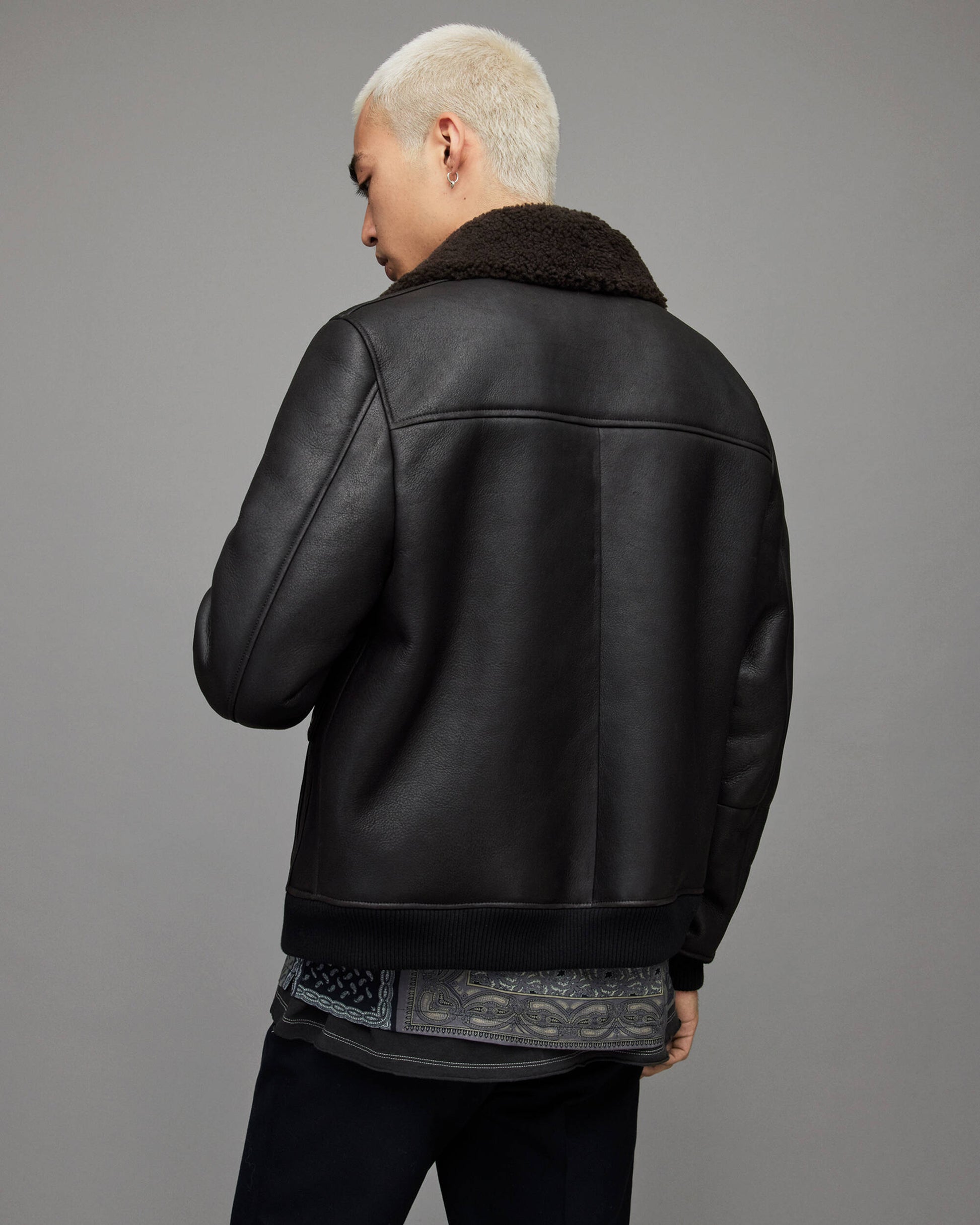 Men's Leather Shearling Bomber Jacket In Black