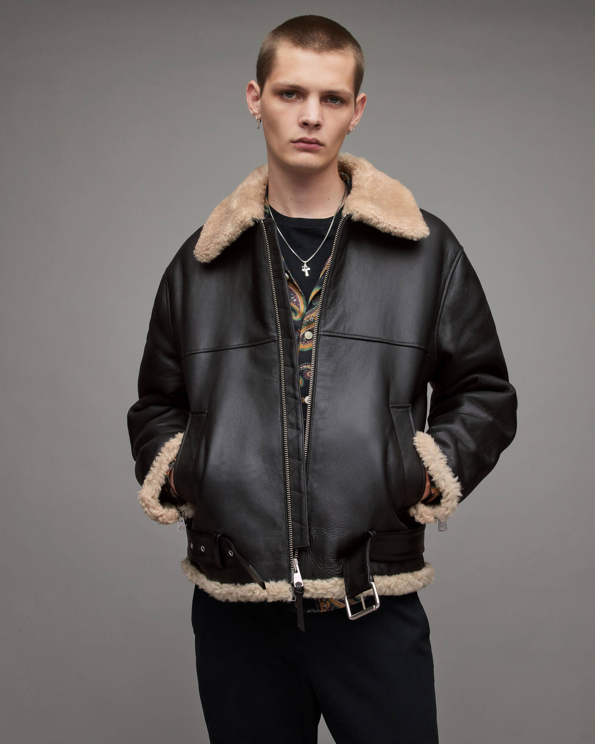 Men's Leather Shearling Jacket In Dark Brown