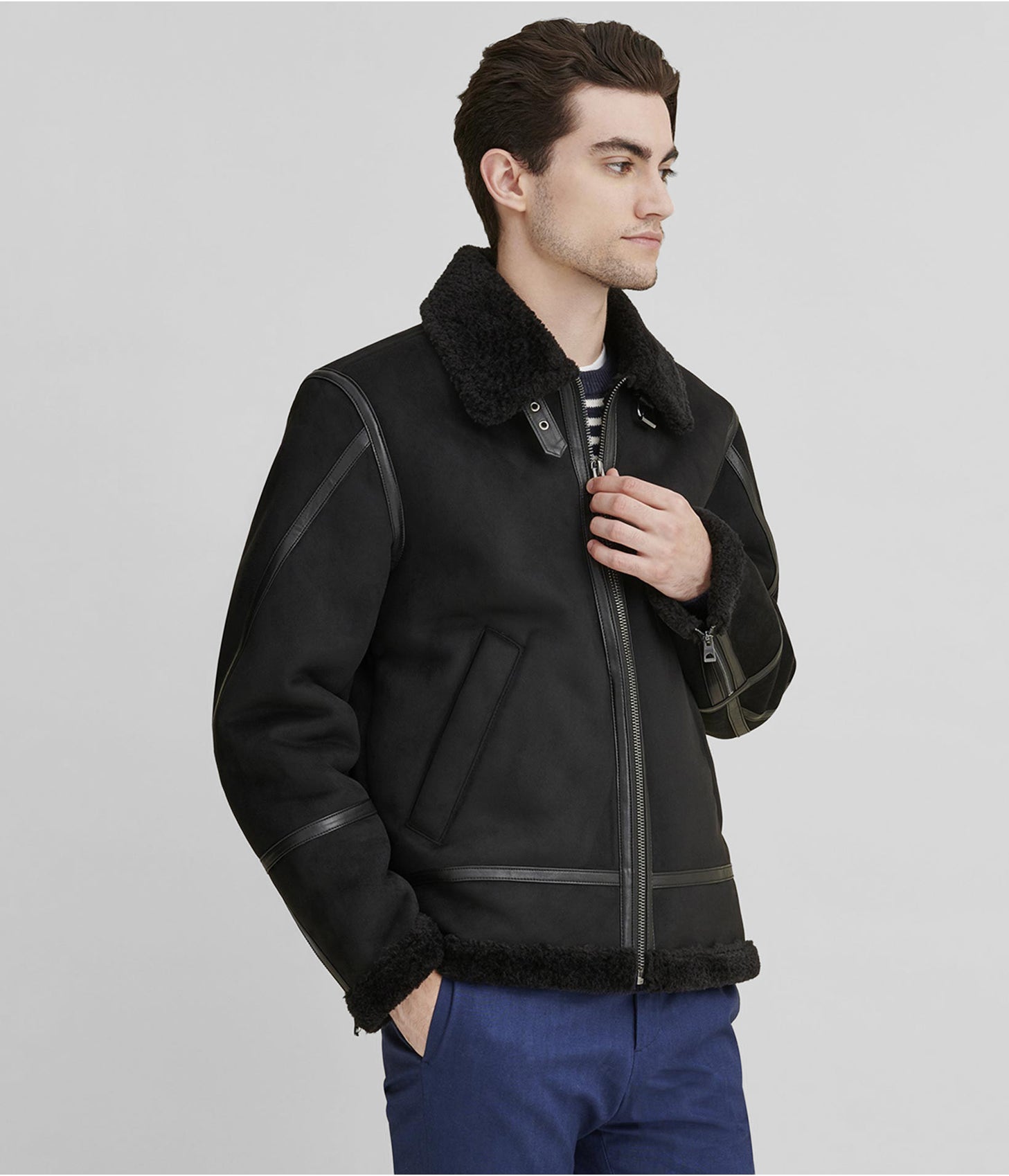 Men's Leather Suede Shearling Jacket In Black