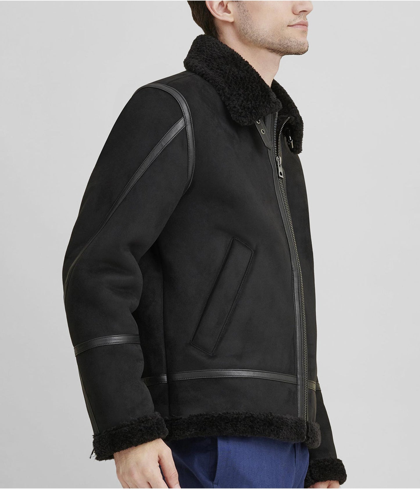Men's Leather Suede Shearling Jacket In Black