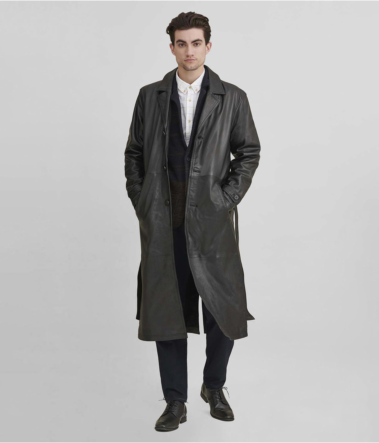 Men's Leather Trench Coat In Black With Belt