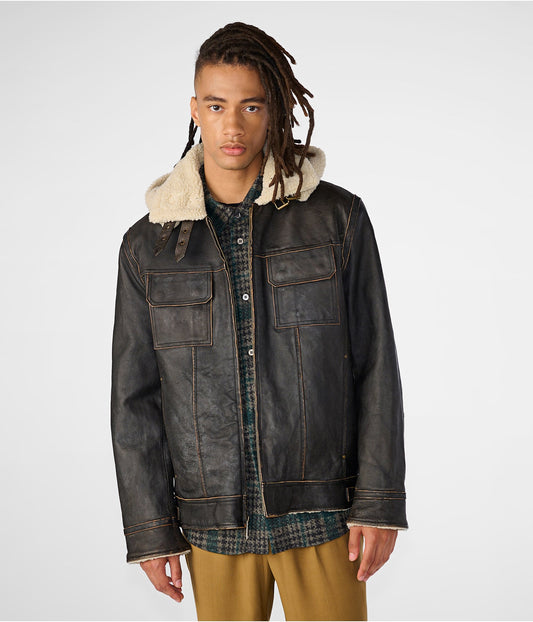 Men's Leather Vintage Jacket In Black Removable Hood