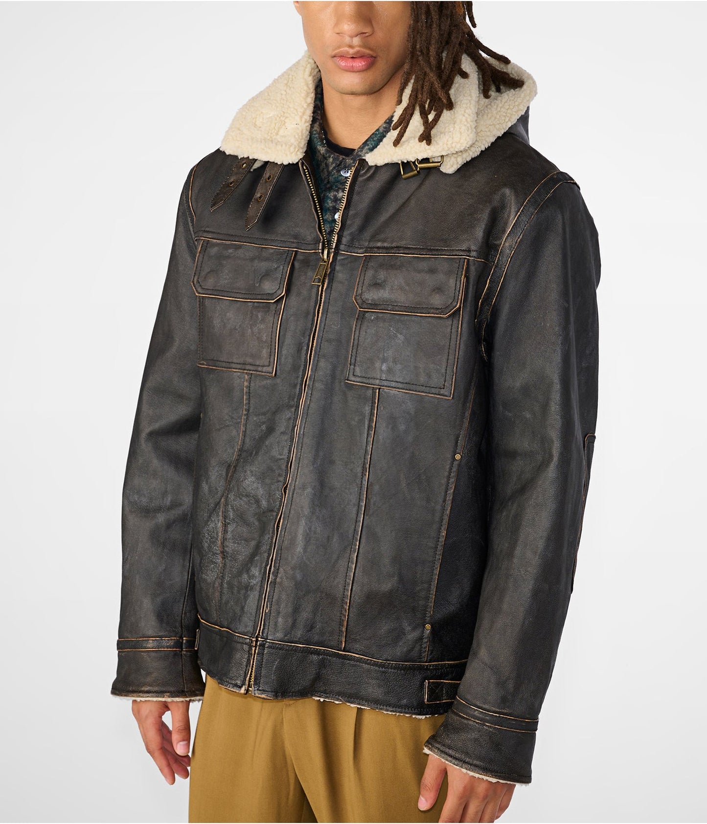 Men's Leather Vintage Jacket In Black Removable Hood