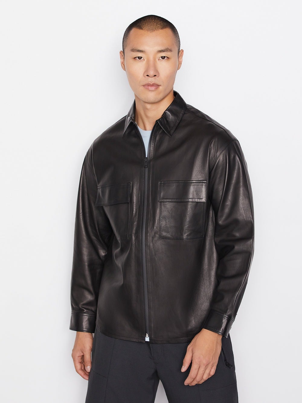 Men's Long Sleeve Leather Shirt In Black