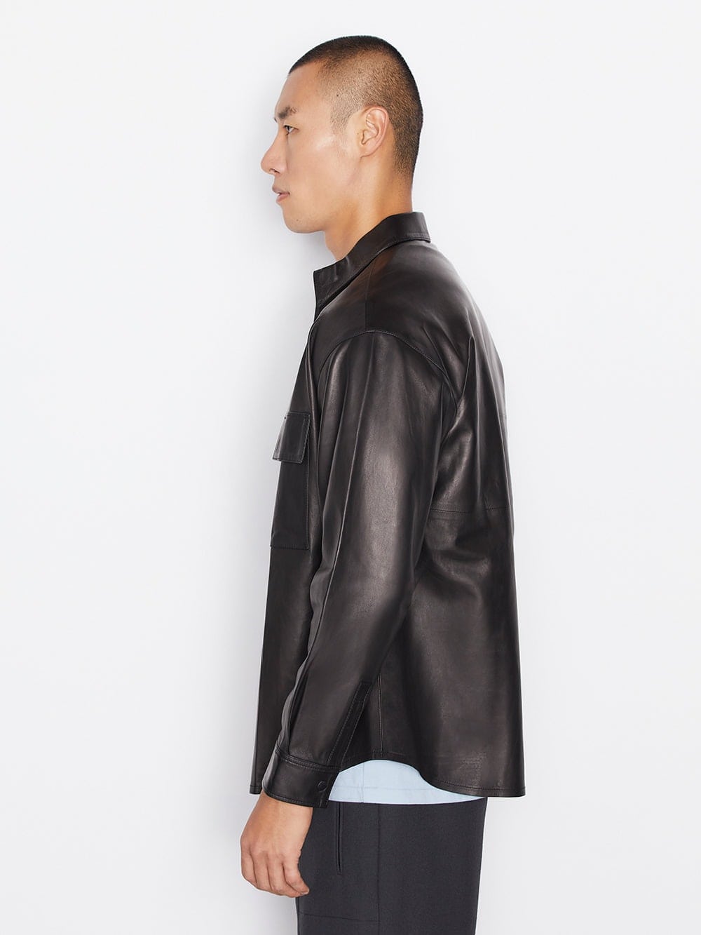 Men's Long Sleeve Leather Shirt In Black