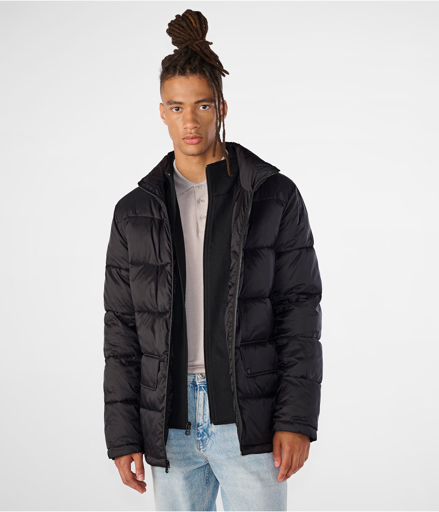 Men's Puffer Jacket In Black With Band Collar