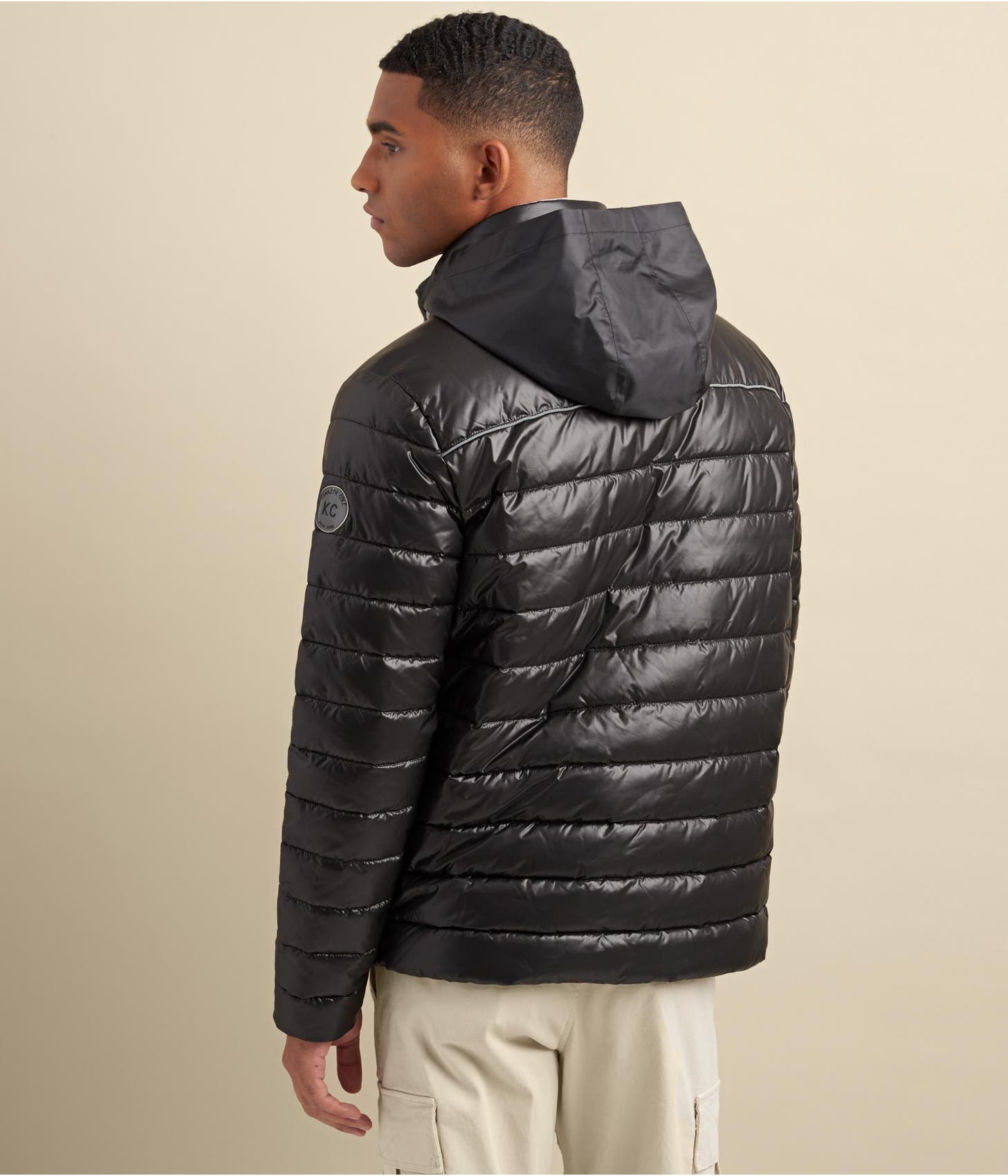 Men's Puffer Leather Jacket In Black With Removable Hood