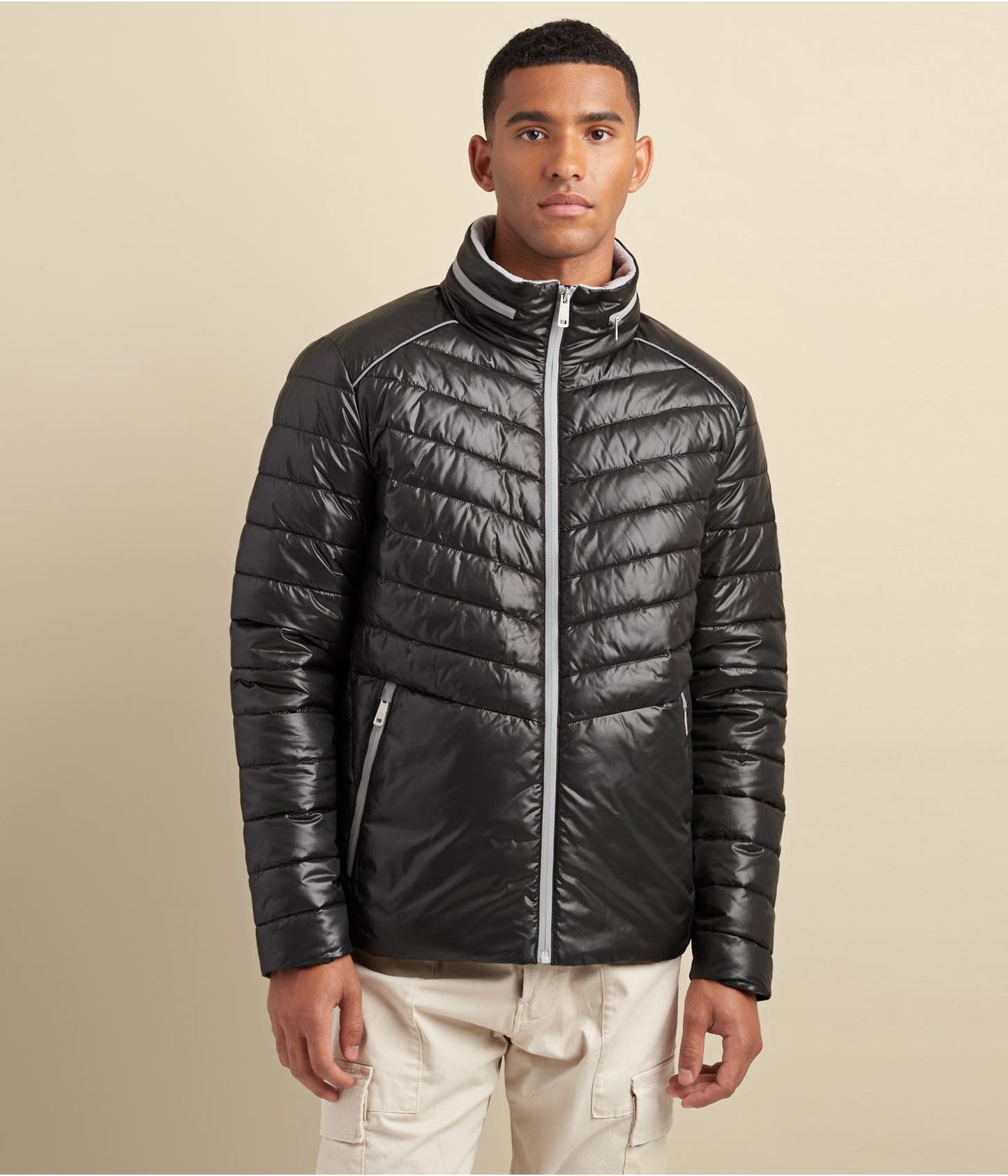 Men's Puffer Leather Jacket In Black With Removable Hood