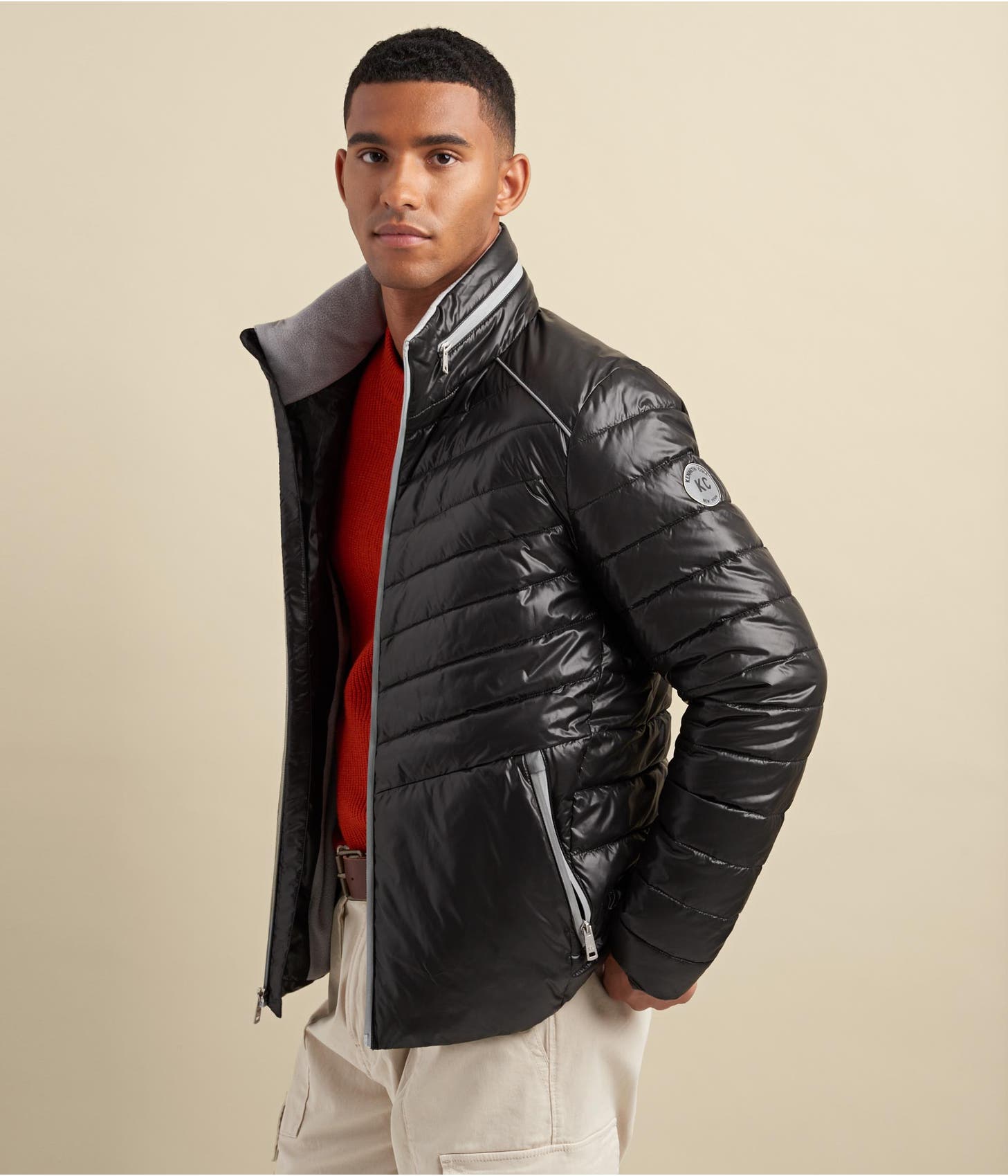 Men's Puffer Leather Jacket In Black With Removable Hood