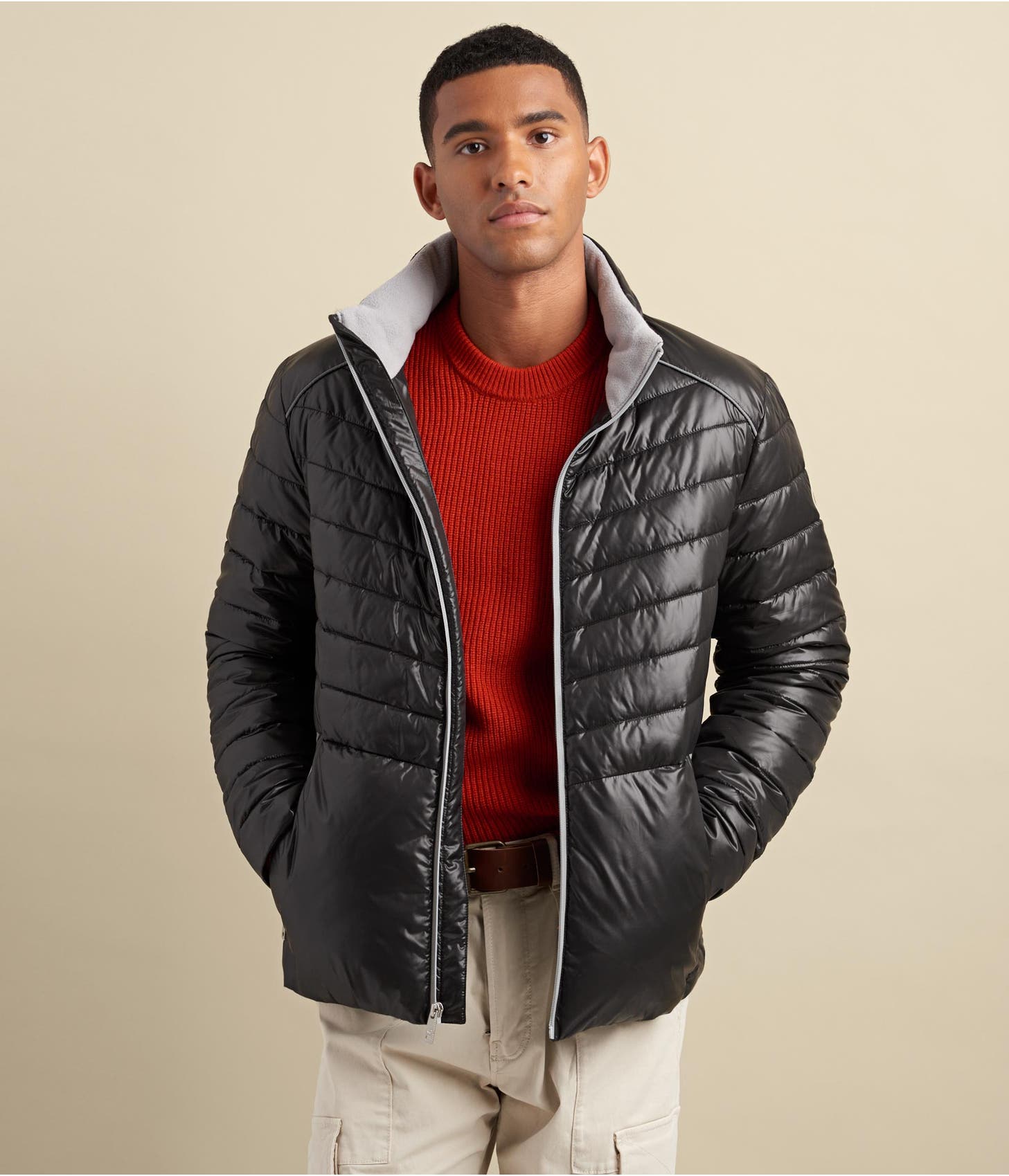 Men's Puffer Leather Jacket In Black With Removable Hood