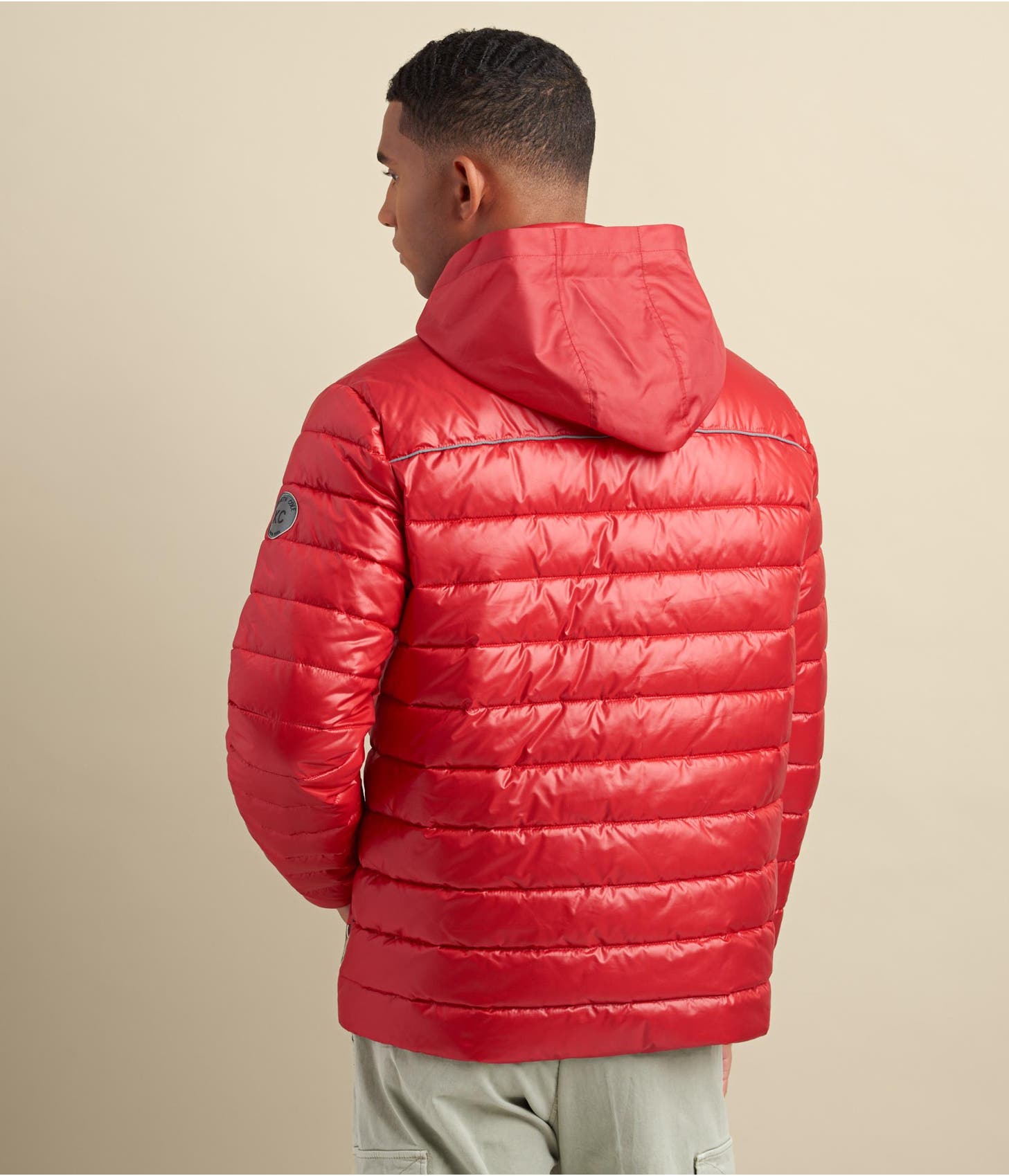 Men's Puffer Leather Jacket In Red With Removable Hood